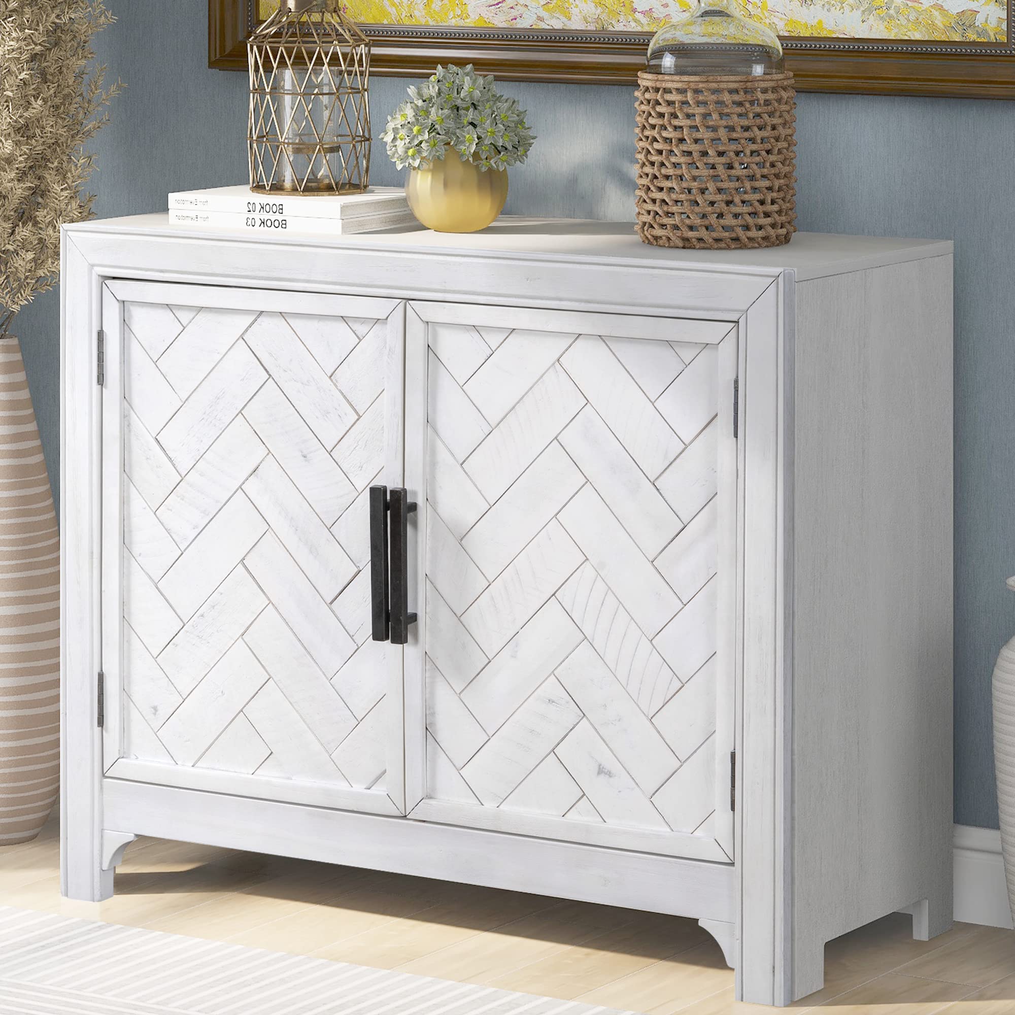 P PURLOVE 40 Inch Wooden Storage Cabinet with Shelves - Vintage Style Console Table for Kitchen, Dining Room, Entryway & Bedroom | Perfect for Organizing Dishes, Linens & Home Decor