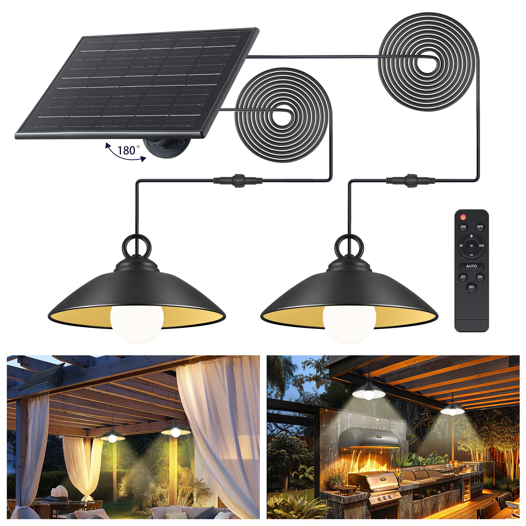 2 Pack Solar Pendant Lights Outdoor Indoor - 3000K/4000K/5000K Color Temperature, 4 Brightness Levels with Remote Control, IP65 Waterproof, 300LM*2 LED Hanging Lamps for Chicken Coop, Garden, Patio, Barn - Perfect for Ambient Lighting & Nighttime Safety