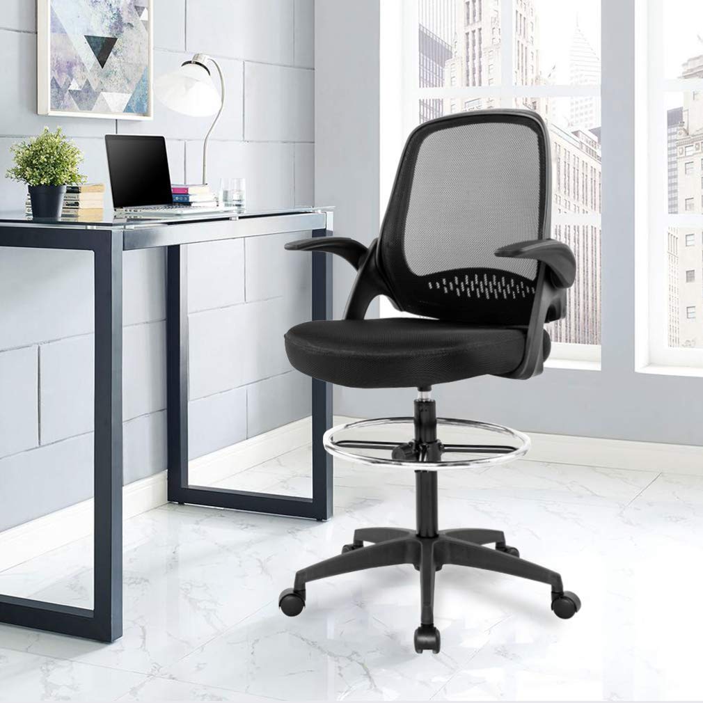 Ergonomic Drafting Chair with Adjustable Height, Foot Rest & Flip-Up Arms - Mesh Office Chair for Standing Desks - Black Executive Swivel Task Chair for Home & Office Workspaces (Ideal for Architects, Artists & Long Work Sessions)