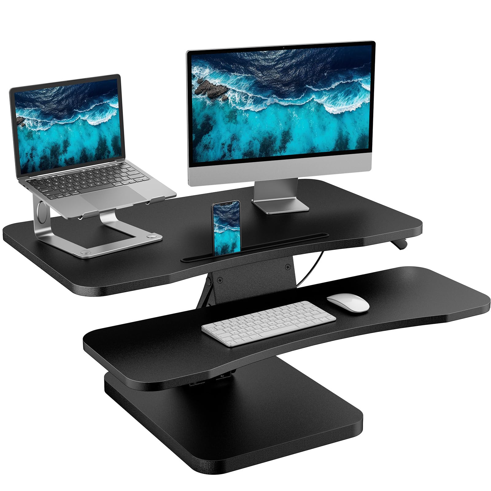 HUANUO 32 Inch Adjustable Standing Desk Converter - Ergonomic Sit Stand Desk Riser with Spacious Keyboard Tray for Home Office, Dual Monitor & Laptop Workstation | Perfect for Remote Work, Gaming & Study (Black)