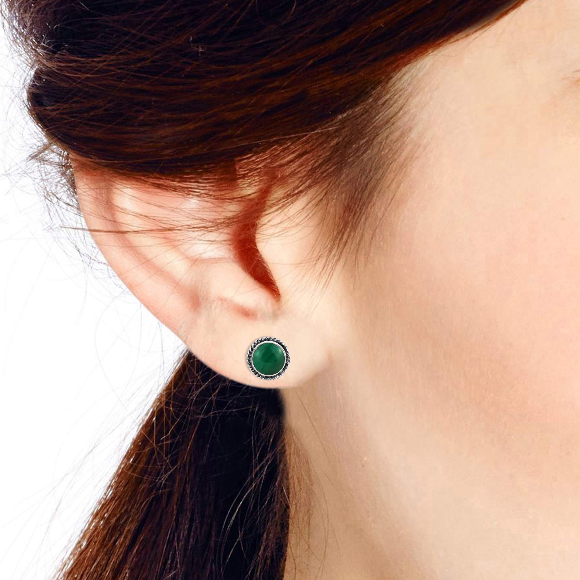 Boho Round Button Malachite .925 Sterling Silver Stud Earrings for Women – Green Gemstone Jewelry, Dainty Boho Earrings for Everyday Wear & Gift Giving