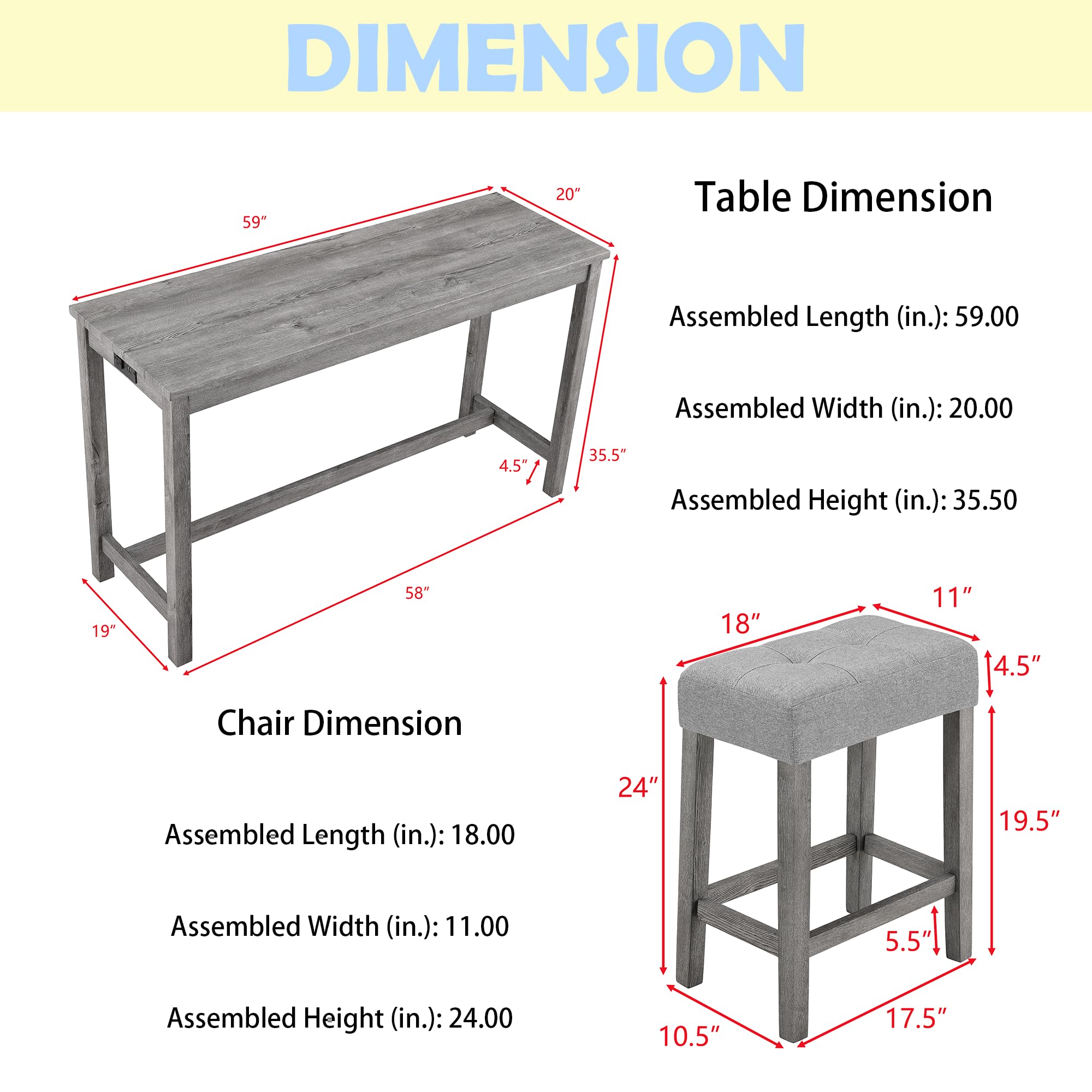 **Merax 4-Piece Bar Table Set with Power Outlet - Industrial Breakfast Table & 3 Padded Stools, Gray - Perfect for Living Room, Dining Room, Game Room & Small Space Entertaining**