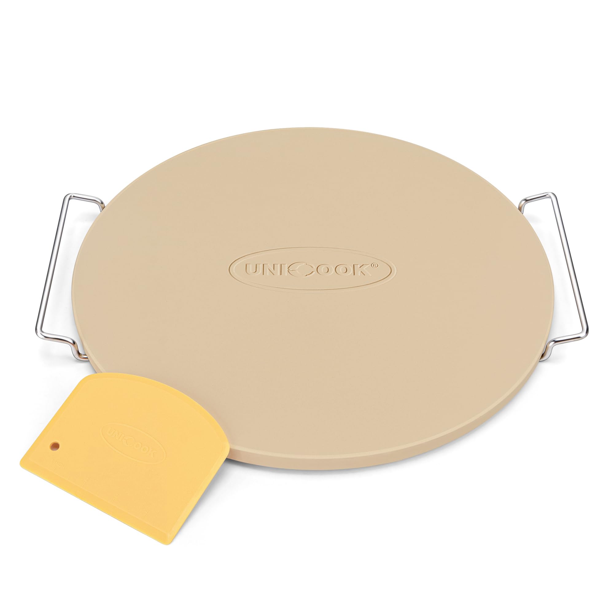 Unicook 15 Inch Round Pizza Stone for Oven & Grill - Cordierite Baking Stone for Pizza, Bread, Cookies & Pie - Includes Carry Rack & Dough Scraper - Perfect for Home Baking, Outdoor Grilling & Restaurant Use