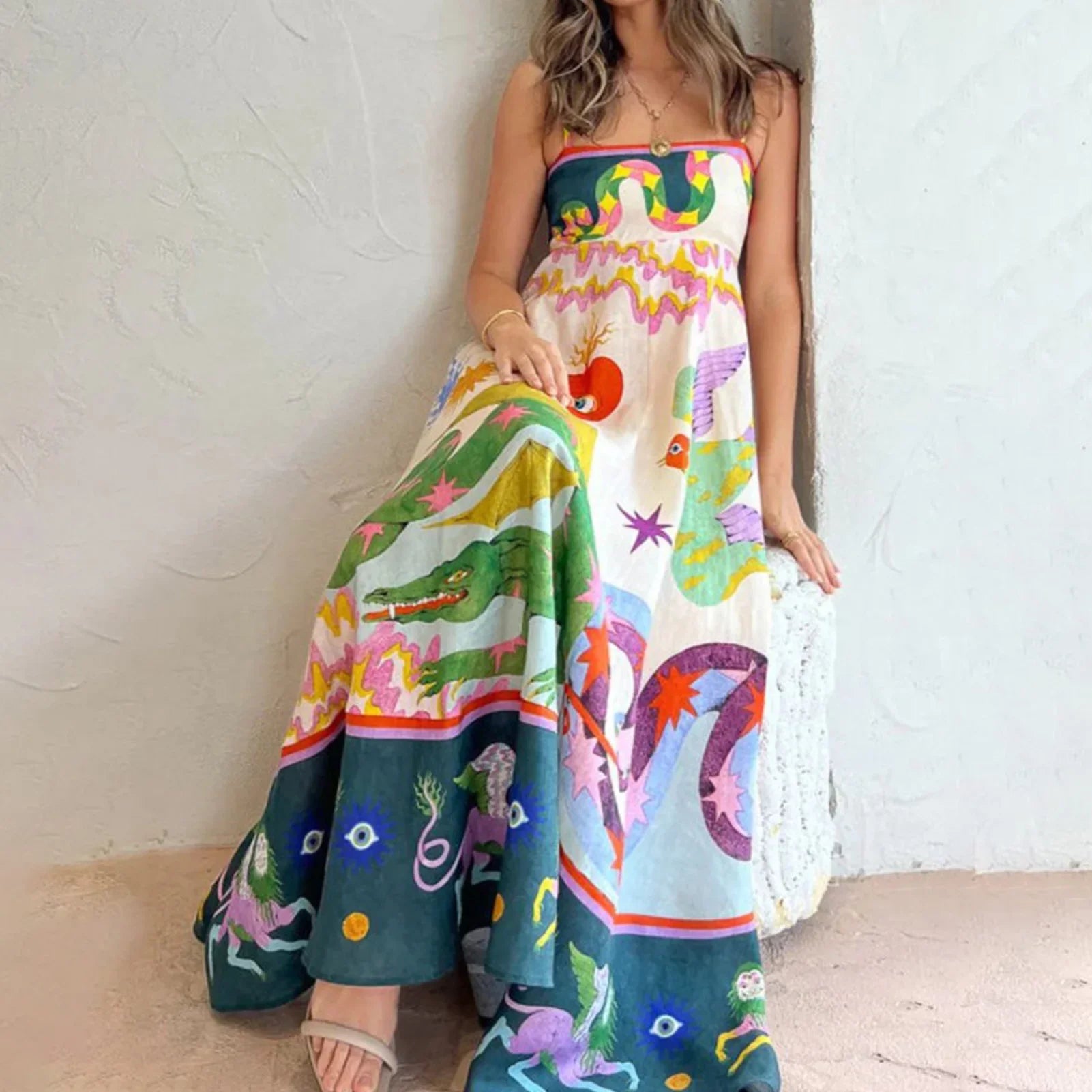 Stylish Long Suspender Dress with Colorful Print - Soft, Comfortable & Versatile Casual Dress - Perfect for Birthday Gifts, Parties, and Everyday Wear