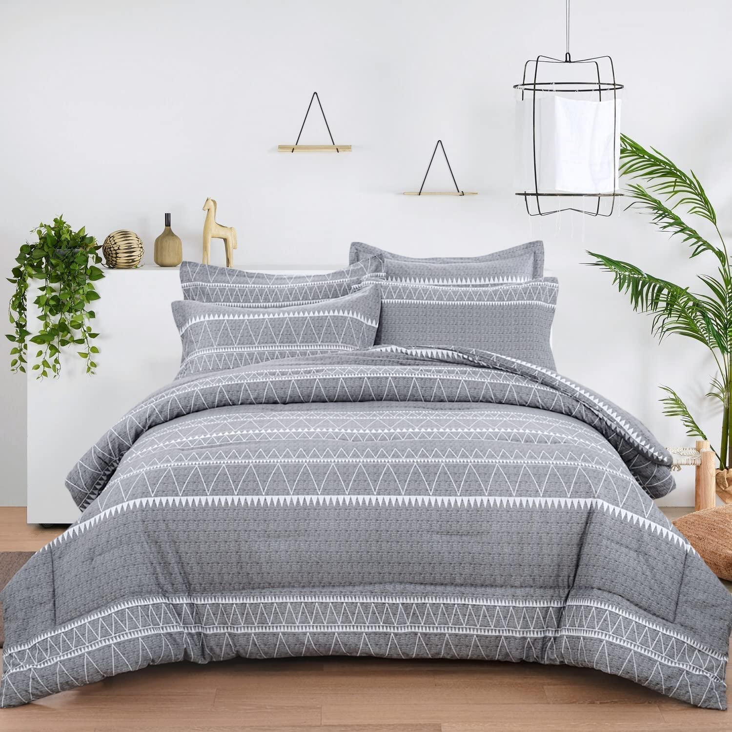WONGS BEDDING Grey California King Comforter Set - Soft Reversible Microfiber Boho Down Alternative Bedding (3 Piece: Comforter + 2 Pillow Shams) 104