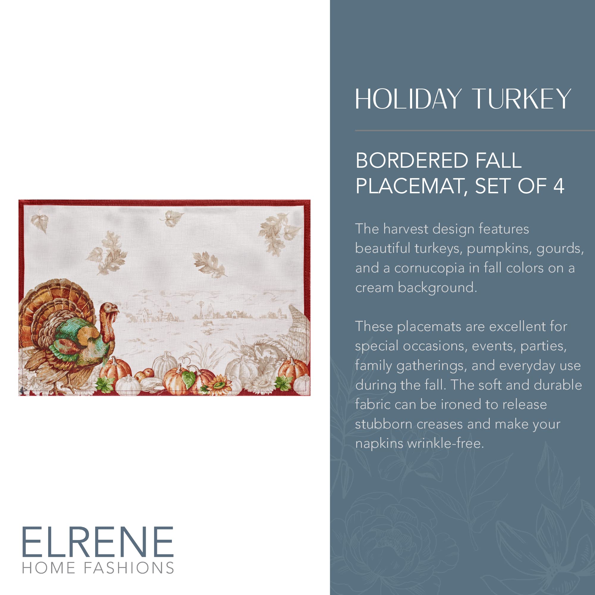 Elrene Home Fashions Thanksgiving Placemats Set of 4 - 13x19 Inch Fall Table Mats with Turkey Border Design for Autumn Dining Decor - Perfect for Holiday Dinner Parties, Family Gatherings & Seasonal Home Decor