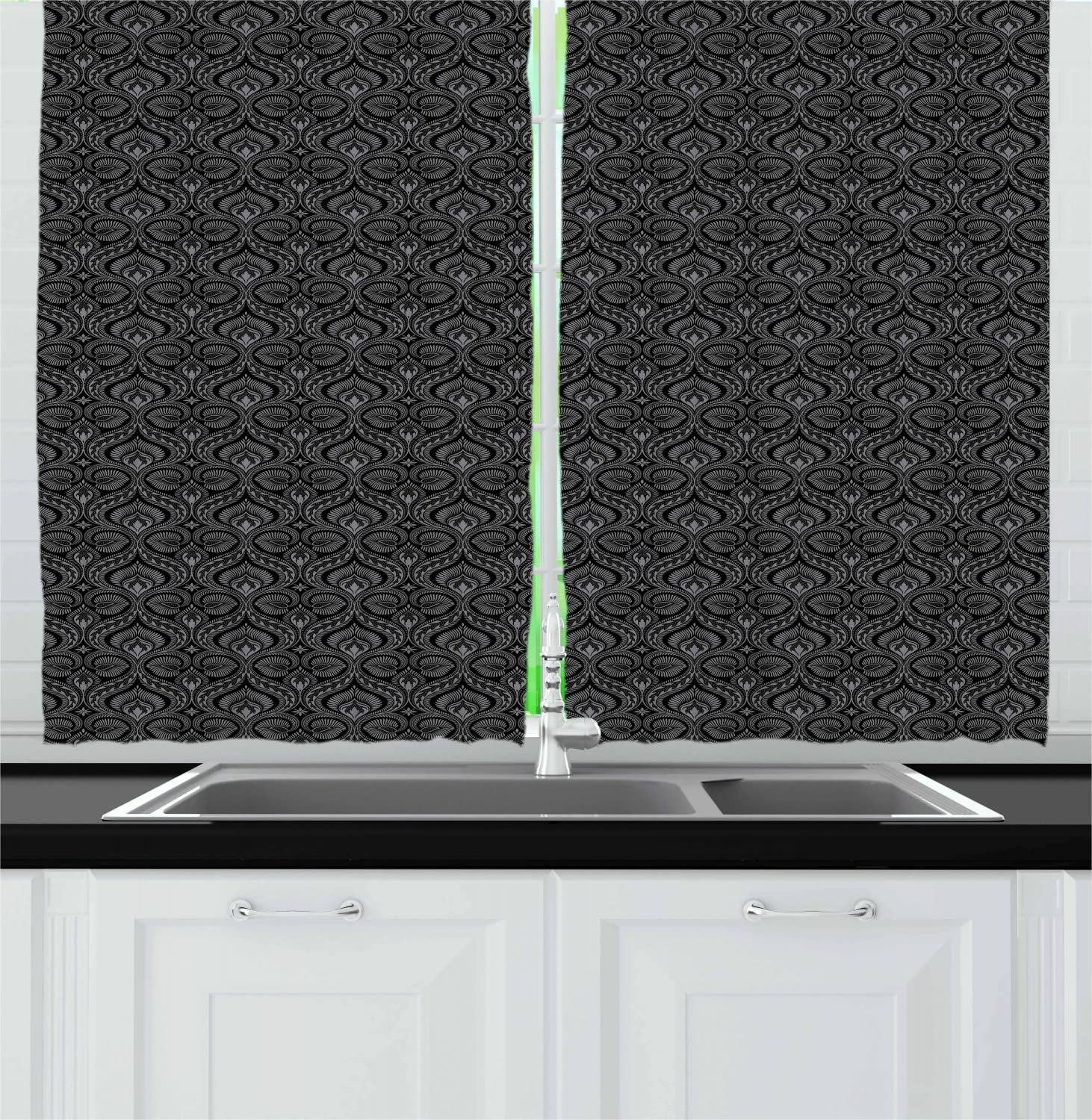 Ambesonne Renaissance Kitchen Curtains Set of 2 Panels - Victorian Damask Boho Style with Exotic Oriental Leaf Pattern - 55