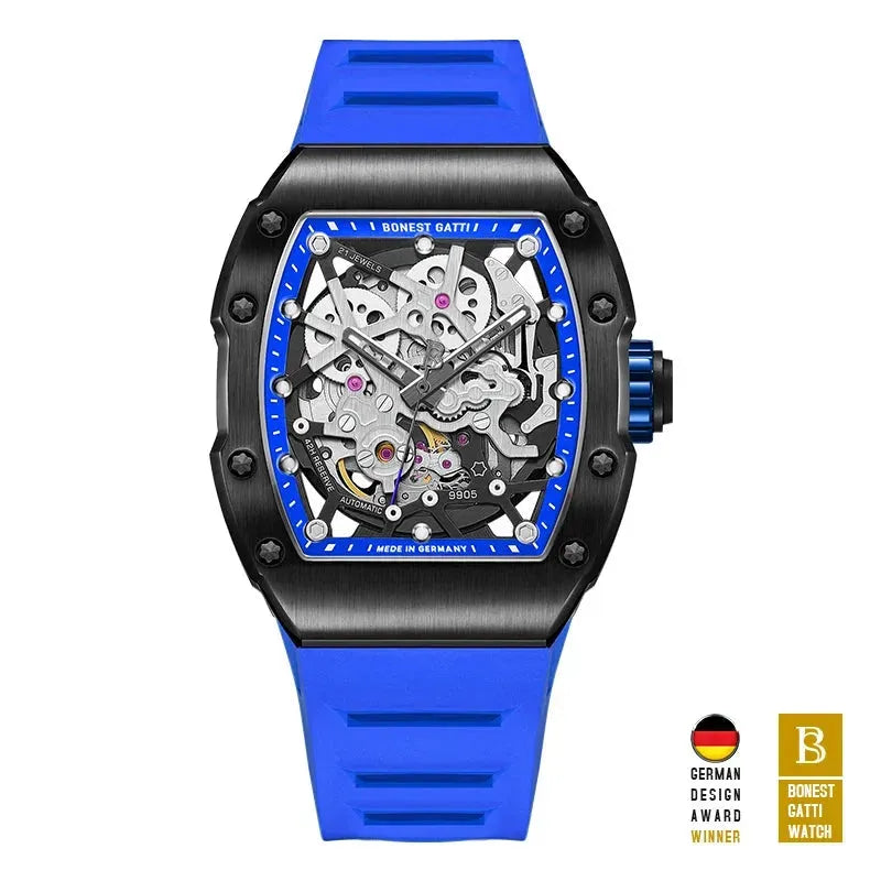 BONEST GATTI Men's Automatic Mechanical Watch - German Engine Tonneau Skeleton Design, Waterproof, Sapphire Glass, Luminous Hands, Fluororubber Strap - Perfect for Business, Formal Events & Luxury Gift Giving