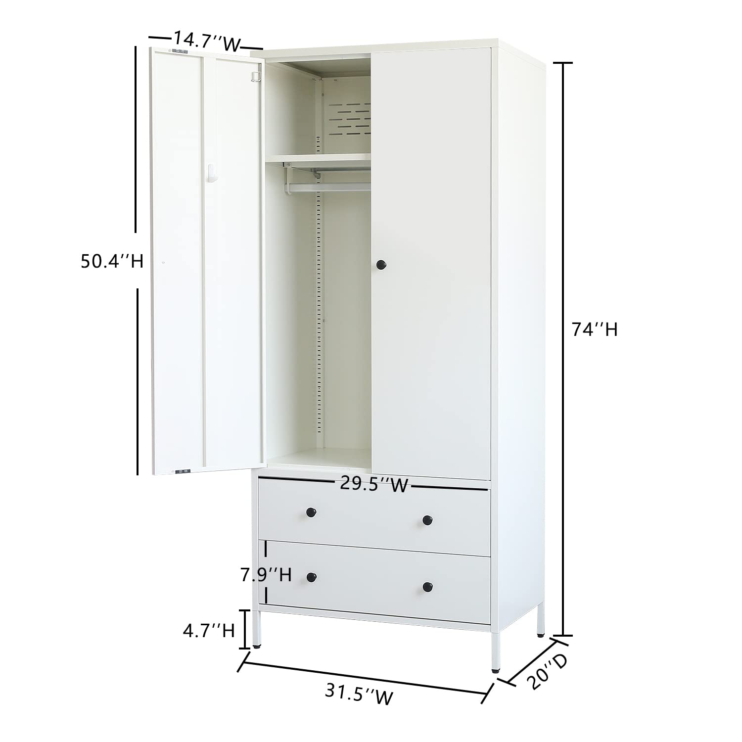 BESFUR Freestanding Wardrobe Closet - White Metal Armoire with 2 Drawers & Adjustable Hanging Rod, 20