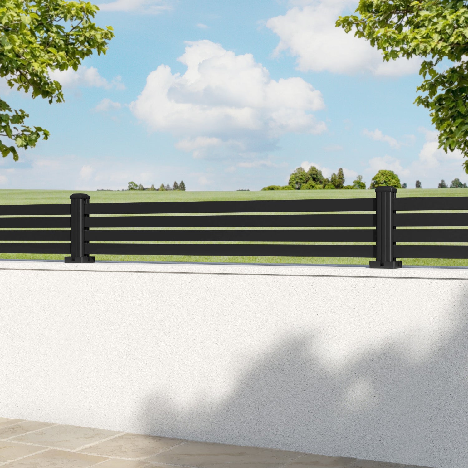 Black Aria Aluminum Fence Panel with Matching Posts - Durable Outdoor Privacy Fence for Backyard, Garden & Pool Areas