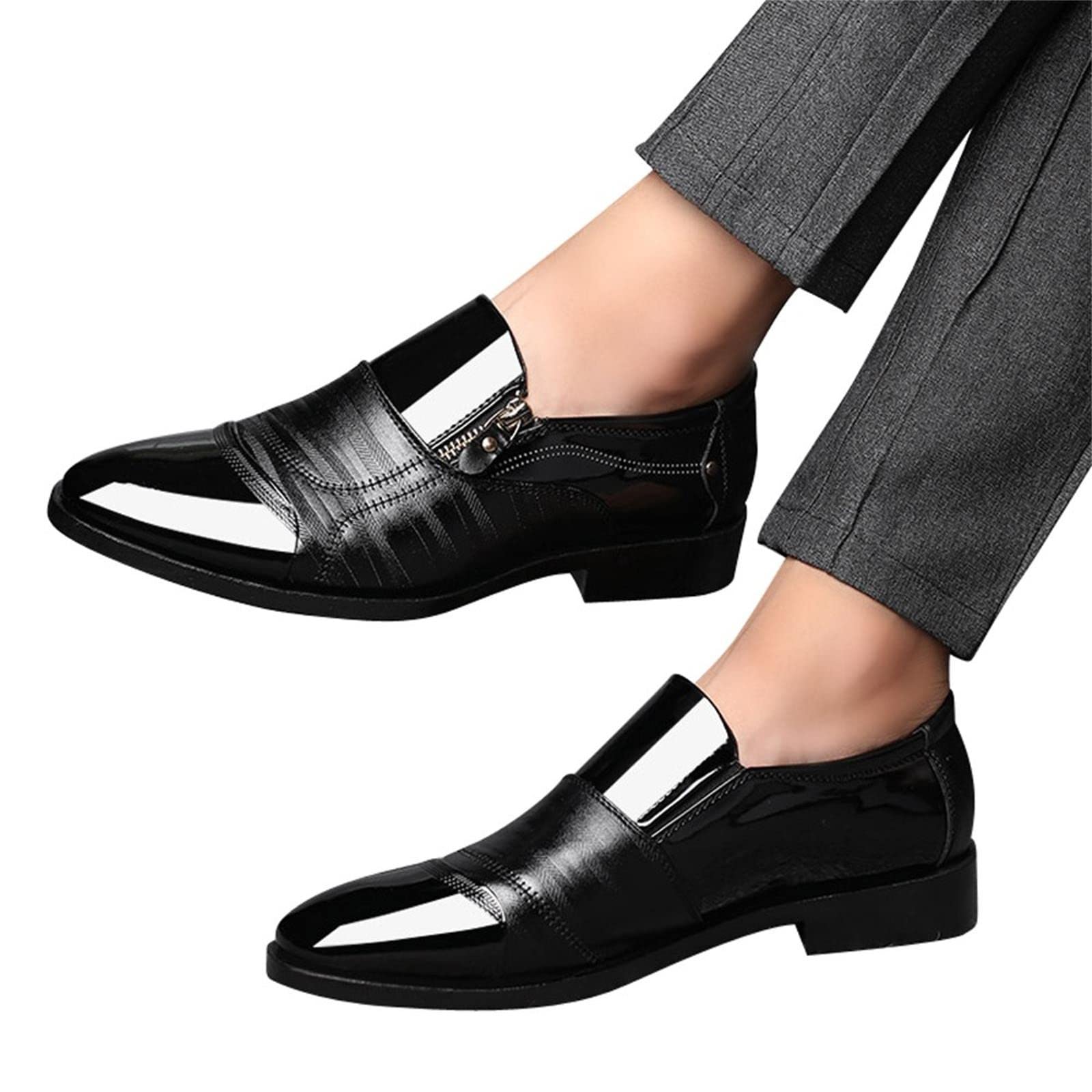 Premium IQYU Men's Patent Leather Dress Shoes - Breathable Business & Work Shoes for Swollen Feet - Comfortable Formal Shoes for Office, Wedding & Special Occasions