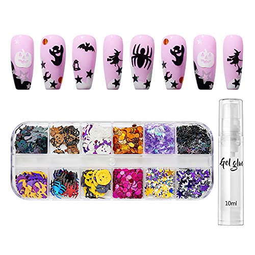 Makartt Halloween Nail Art Kit - Mixed Glitter Pumpkin Witch Spider Bat Charms & Nail Foils with Nail Glue | DIY Nail Designs, Face Art, Costume Accessories for Halloween Parties & Cosplay