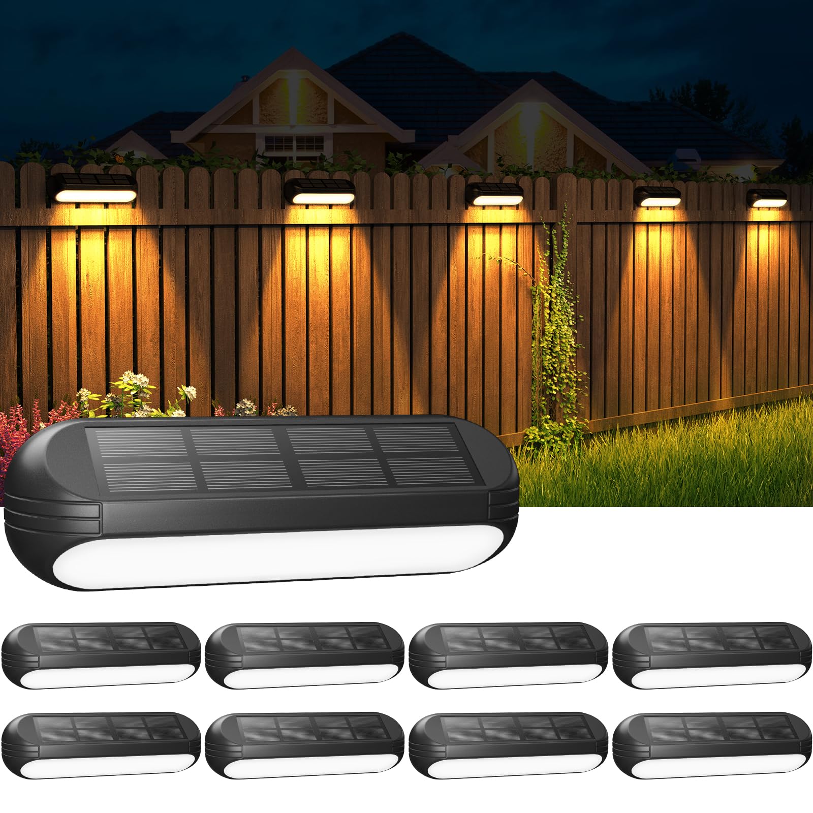 WdtPro Solar Fence Lights 8 Pack - Outdoor Waterproof Solar Deck & Step Lighting with Warm White & RGB Color Changing Modes - Perfect for Stairs, Steps, Deck, Fence, Pool, Patio, Garden Pathway & Landscape Lighting
