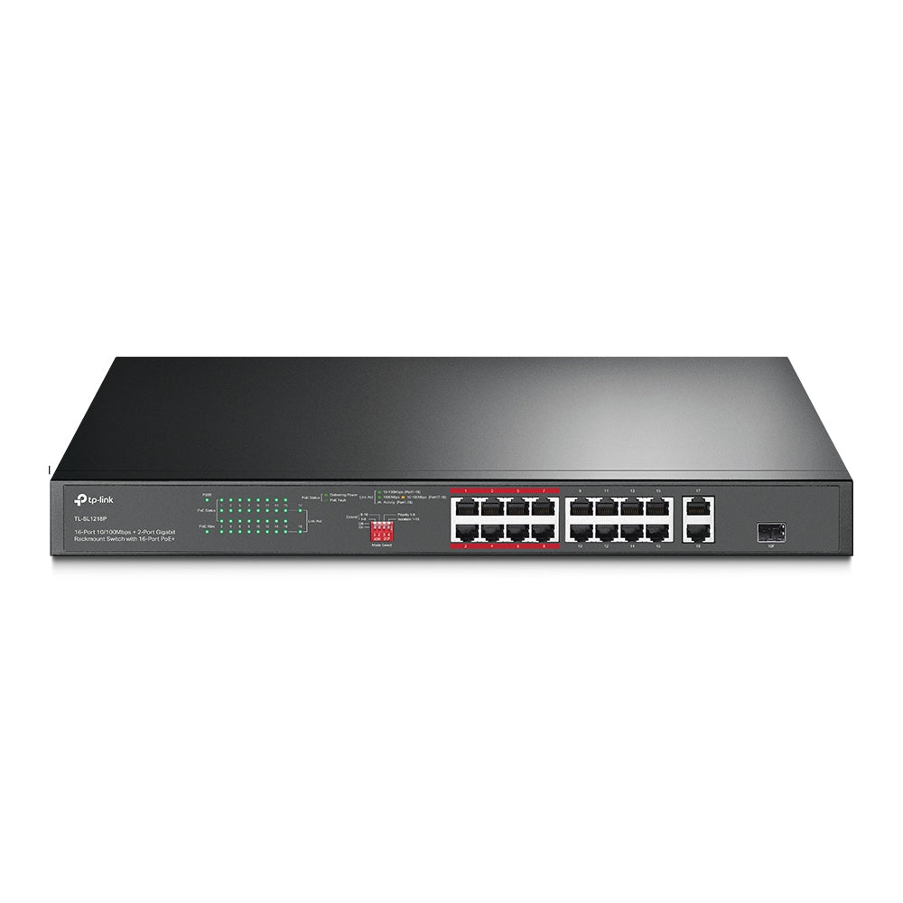 16 Port 10/100Mbps + 2 Port Gigabit Rackmount PoE+ Switch - Network Switch for Office, Home, and Data Center Use