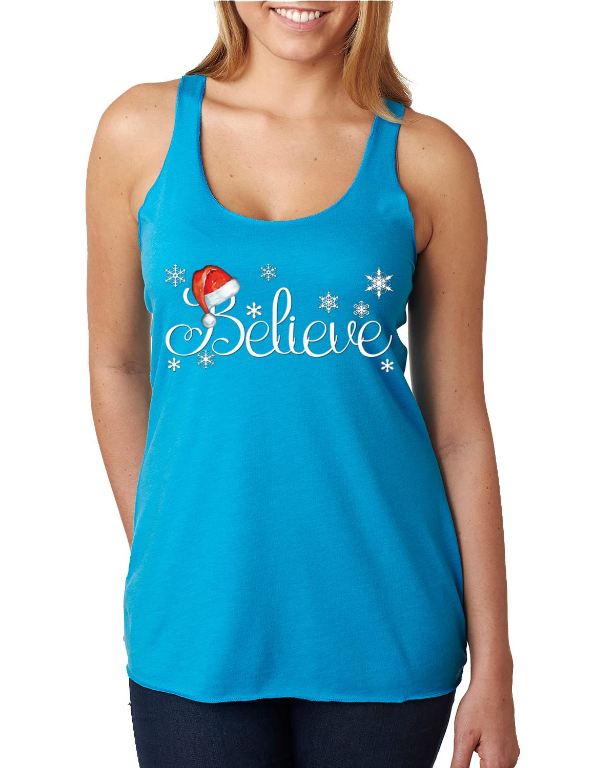 Santa Hat Snowflake Believe Christmas Tri-Blend Racerback Tank Top - Festive Holiday Apparel for Women, Christmas Party Outfit, Xmas Family Photos & Ugly Sweater Contest