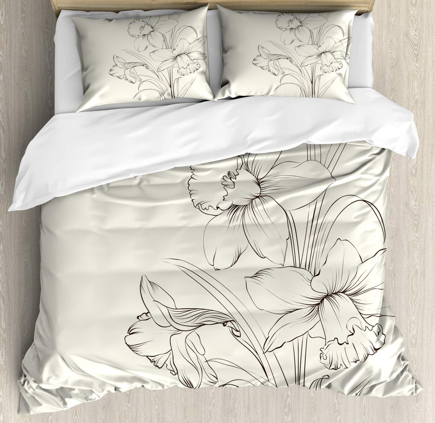 Lunarable Hand-Drawn Sketch Style Blooming Narcissus Duvet Cover Set - 2 Duvet Covers & 4 Pillowcases, Cal King Size (Cream & Black) - Floral Bedding for Master Bedroom, Guest Room & Luxury Hotel Decor