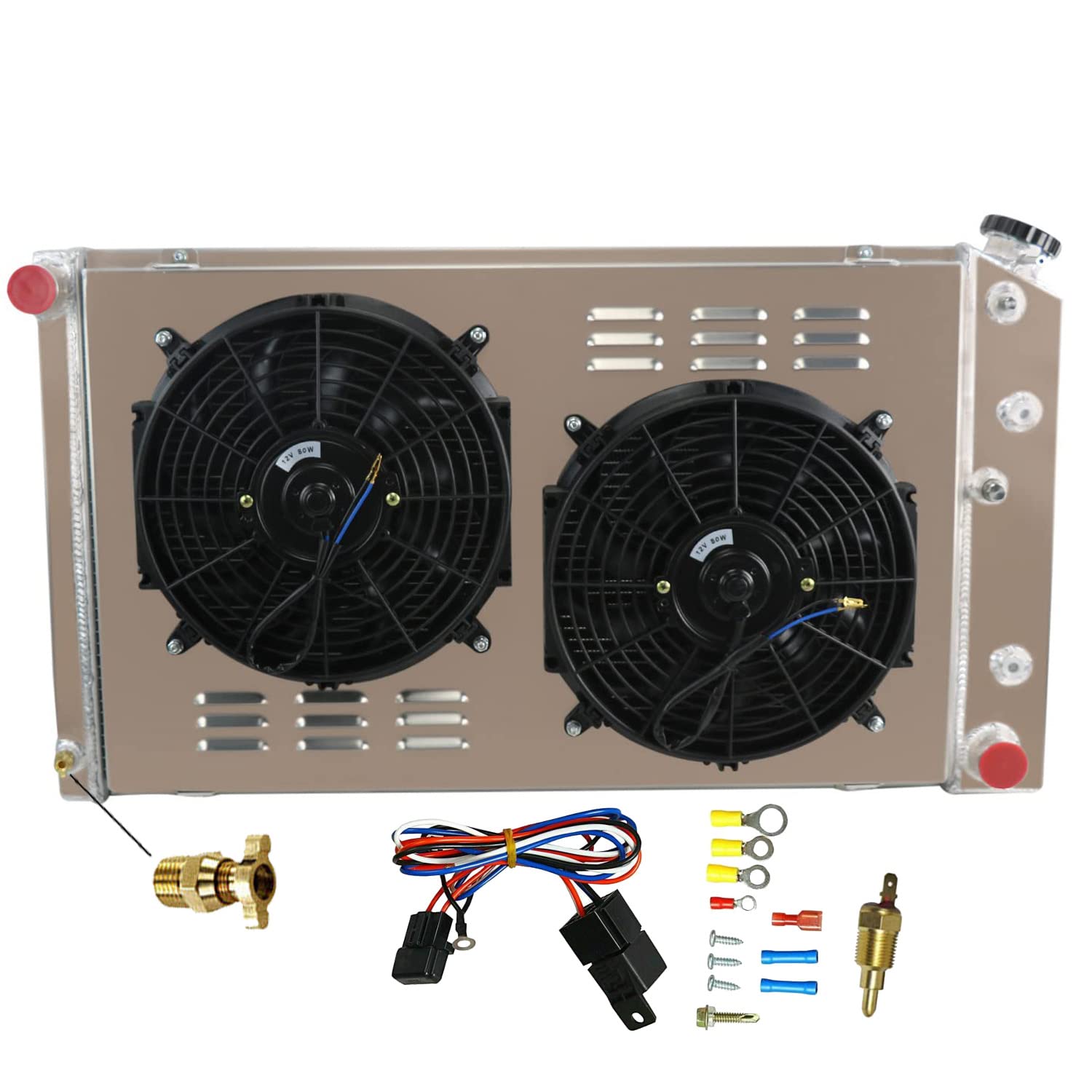 High Performance 3 Row Aluminum Radiator for 1971-1990 Chevy Chevelle Impala C/K/G Series (C10 C20 C30 K10 K20 K30 G10 G20 G30) & GMC/Buick Pontiac - Includes Fan Shroud & Relay - Perfect for Pickup Trucks and Surburban SUVs - Heavy Duty Cooling Solution for Hot Weather & Towing