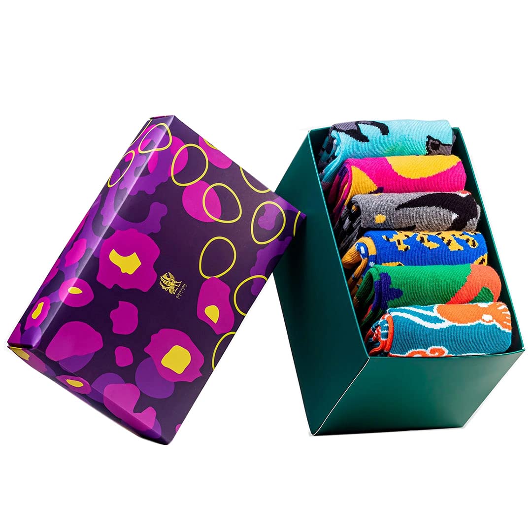 Wild Animal Print Cotton Socks - 6 Pairs Colorful & Unique Socks for Women & Men | Fun, Cute & Stylish for Casual Wear, Gifts & Everyday Fashion