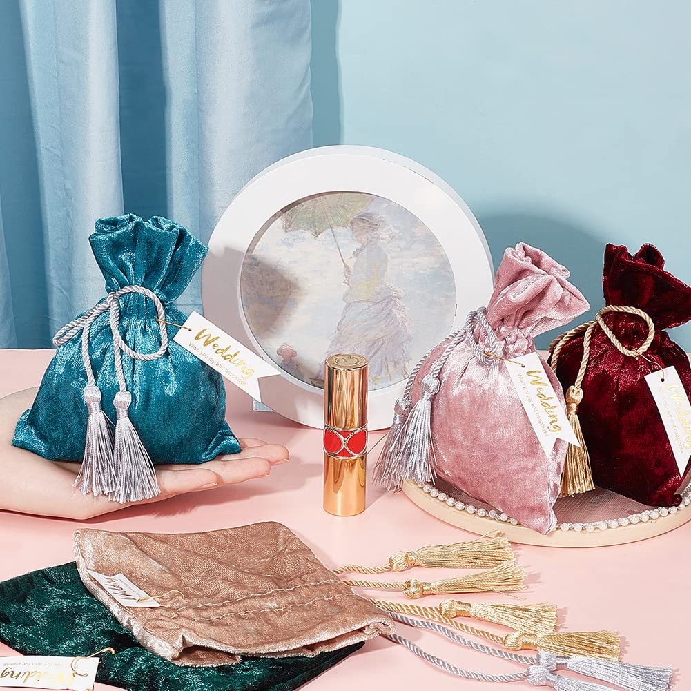5-Pack Velvet Jewelry Bags with Tassel - 4x5.5 Inch Drawstring Gift Bags for Wedding Favors, Baby Shower, Christmas Advent Calendar | Elegant Storage Bags for Jewelry, Candy, Treats & Keepsakes | Perfect for Party Favors, Bridesmaid Gifts & Special Occasions