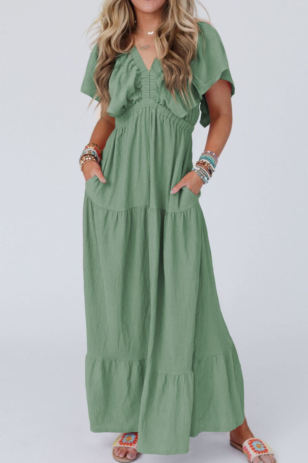 Elegant Blue Ruffled Flutter Sleeve Maxi Dress for Women - Perfect for Beach Vacations, Summer Resorts & Boho Chic Outfits