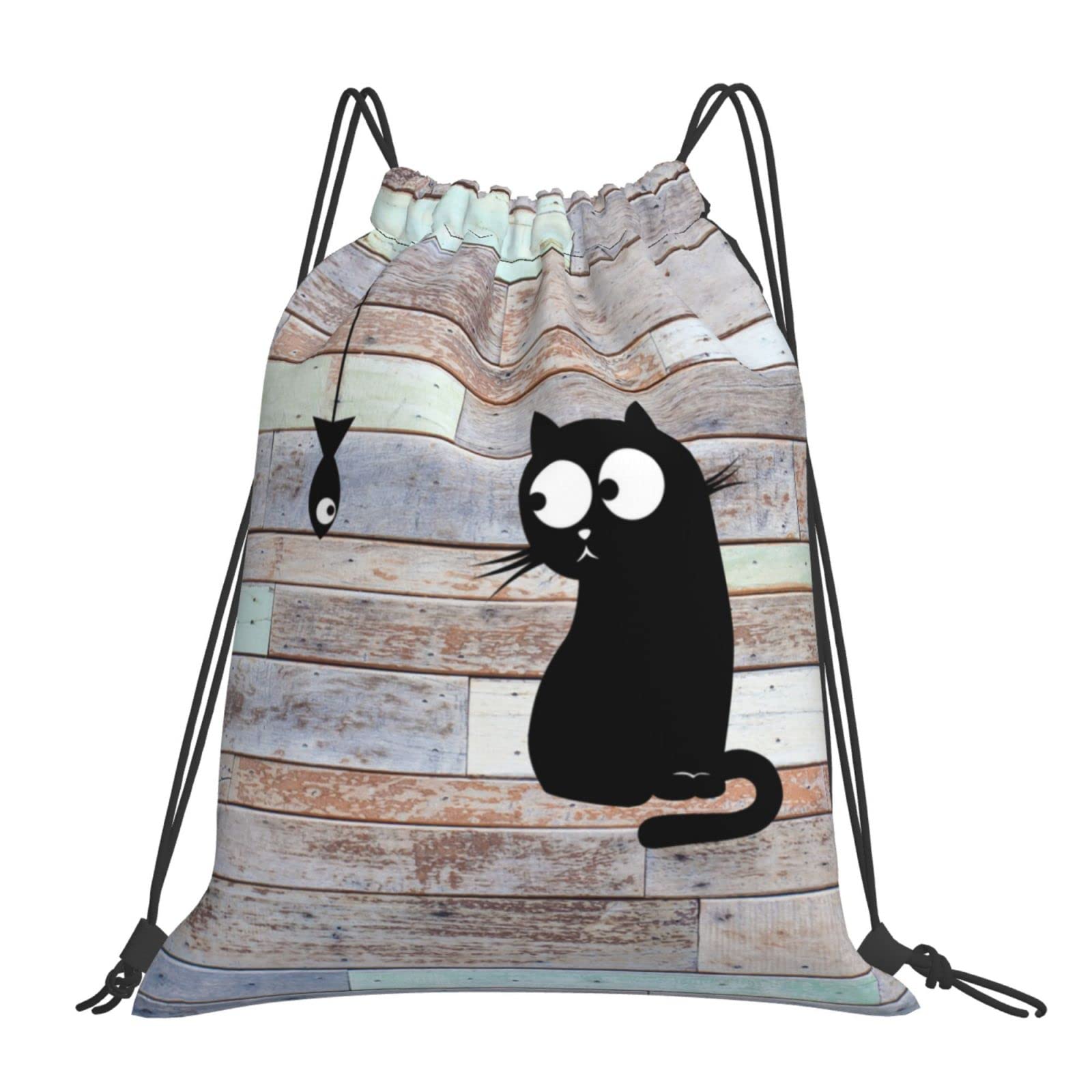 Funny Cat Fish Drawstring Backpack with Wooden Board - Lightweight Gym Sackpack for Men & Women - Perfect for Yoga, Travel, Swimming & Sports Activities