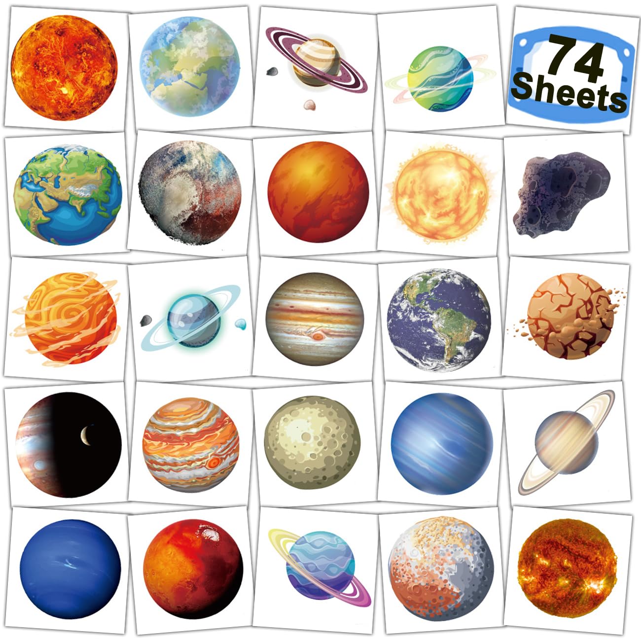 74 Outer Space Planet Temporary Tattoos for Kids - Waterproof Solar System Tattoo Stickers for Boys & Girls Birthday Parties, Goodie Bag Fillers, Space Themed Events & Costume Accessories