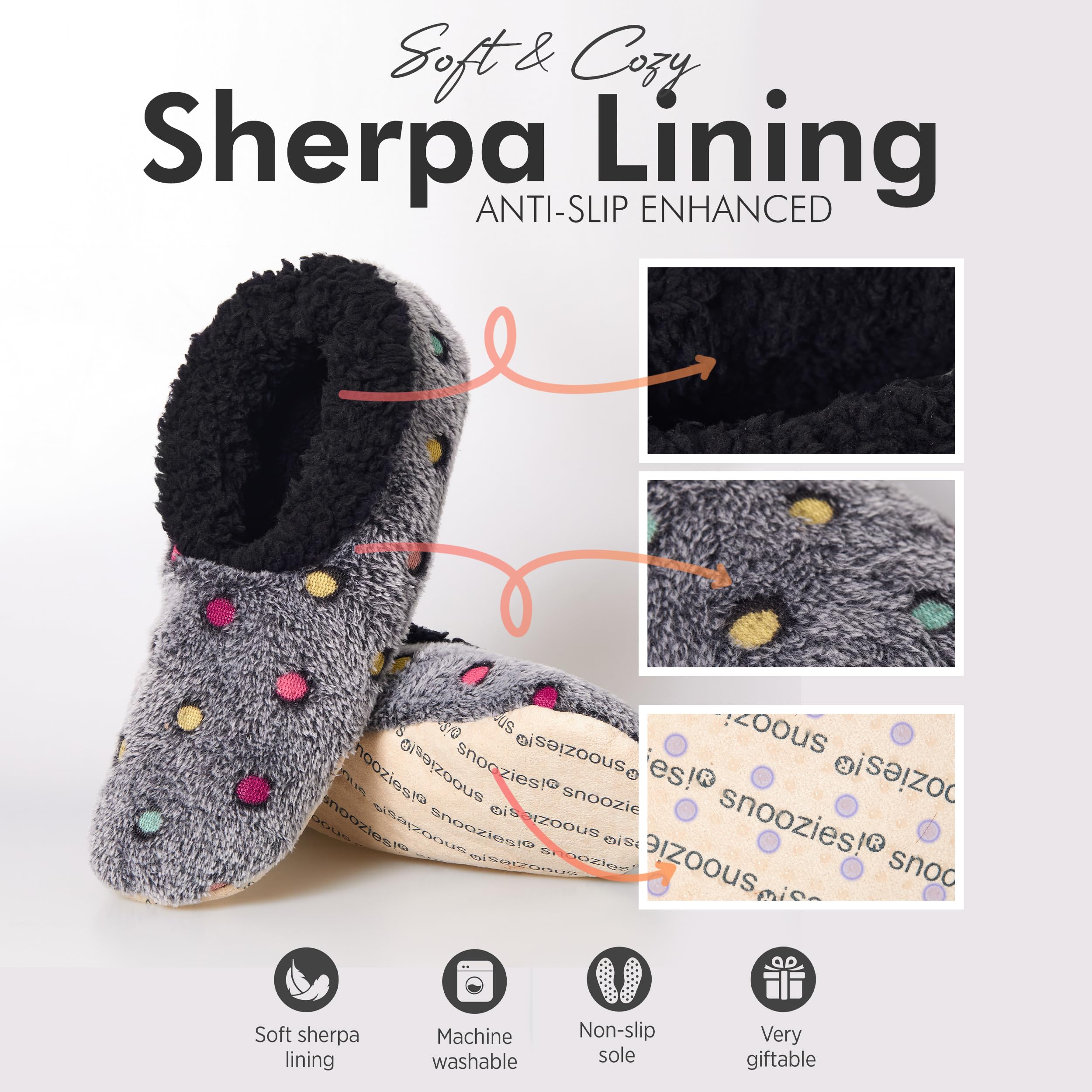 Snoozies Women's Cozy Sherpa Slipper Socks - Soft Fuzzy House Slippers with Colorful Dots Design | Warm Indoor Footwear for Relaxing at Home, Lounging & Winter Comfort