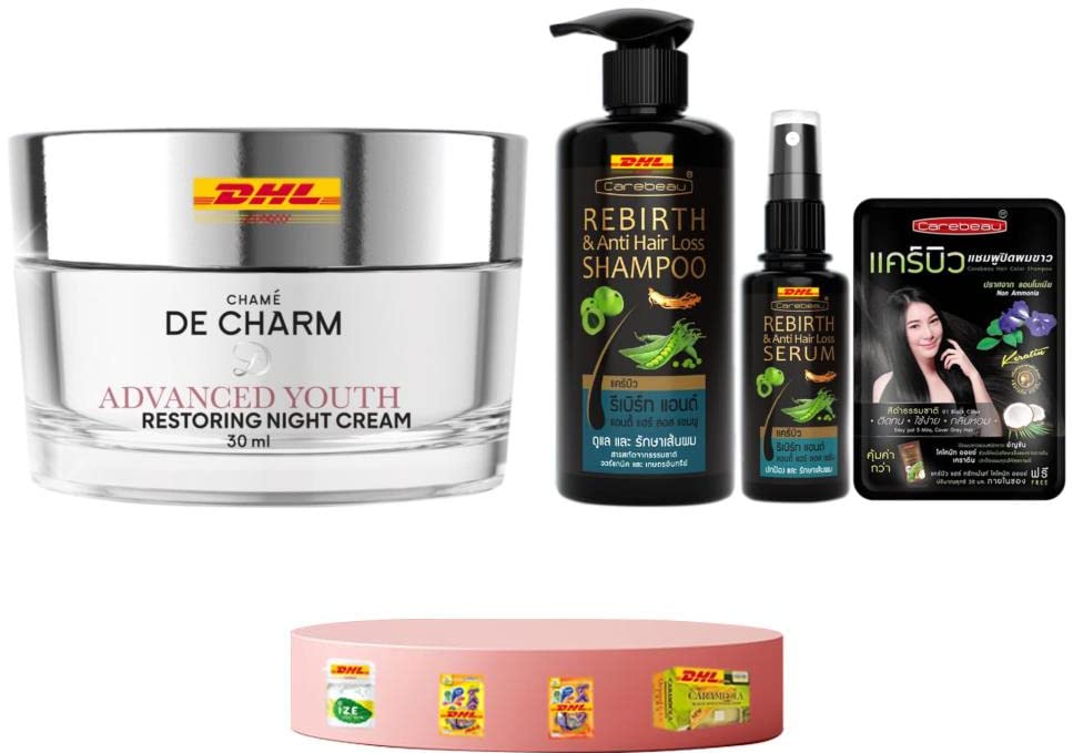 De Charm Advanced Youth Restoring Night Cream 30ml & Carebeau Rebirth Anti Hair Loss Shampoo 250ml Set - Anti-Aging Skincare & Hair Care Combo with DHL Express Shipping | Perfect for Nighttime Routine and Scalp Treatment