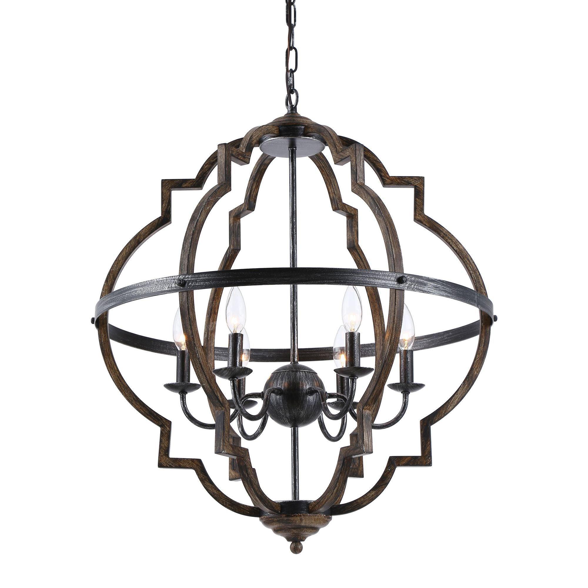 Cambon 6-Light Distressed Black & Brushed Wood Geometric Lantern Chandelier - Perfect for Farmhouse Dining Room, Rustic Kitchen Island, or Entryway Lighting