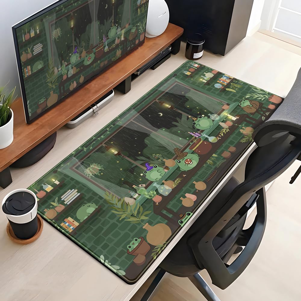 Kawaii Frog Mouse Pad - Large 31.5x15.7 Inch Cute Green Gaming Desk Mat with Stitched Edges for Computer Keyboard | Anime Office Accessories for Girls | Perfect for Home Office, Gaming Setup & School Workstation