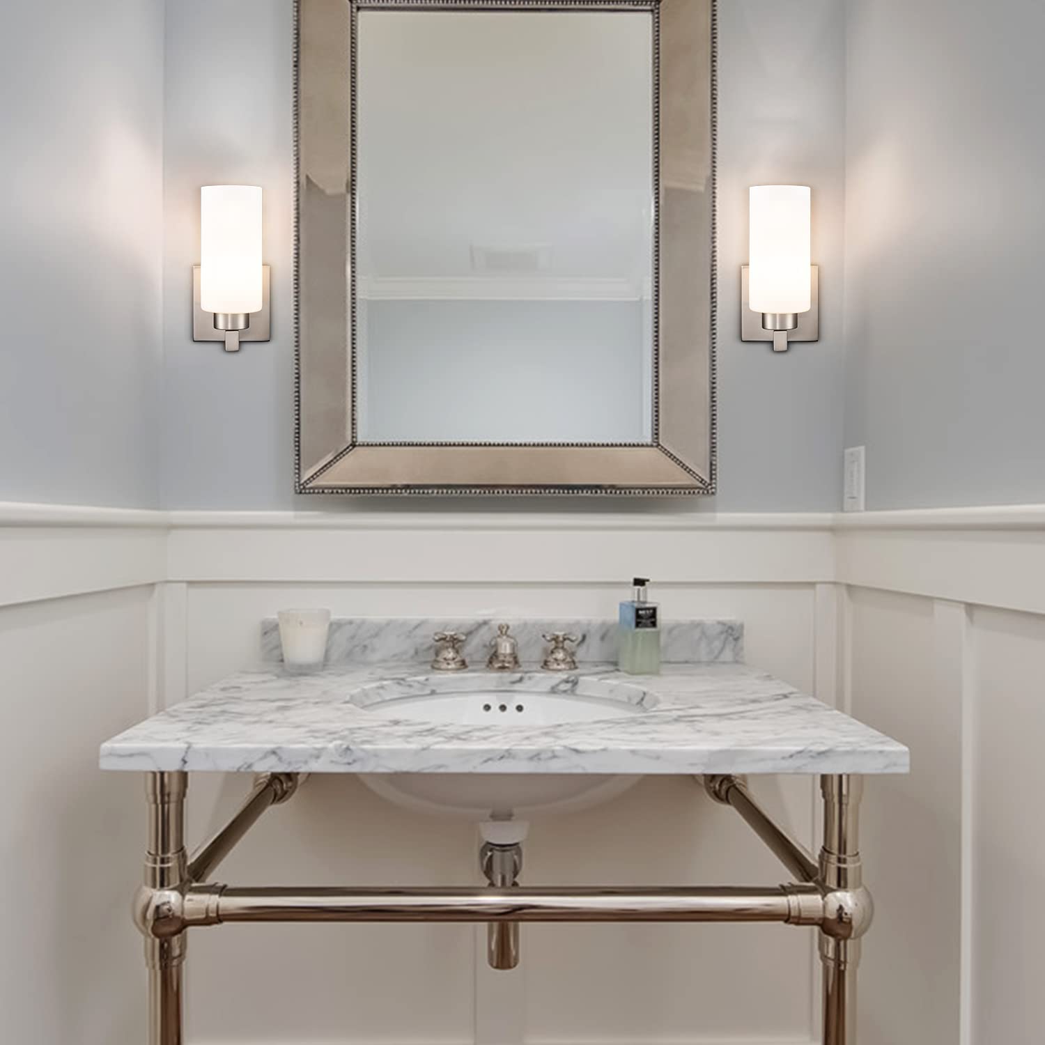 Modern Brushed Nickel Wall Sconces Set of 2 - Bathroom Vanity Lights with Milky White Cylinder Glass Shades for Bedroom, Hallway & Living Room Lighting Decor