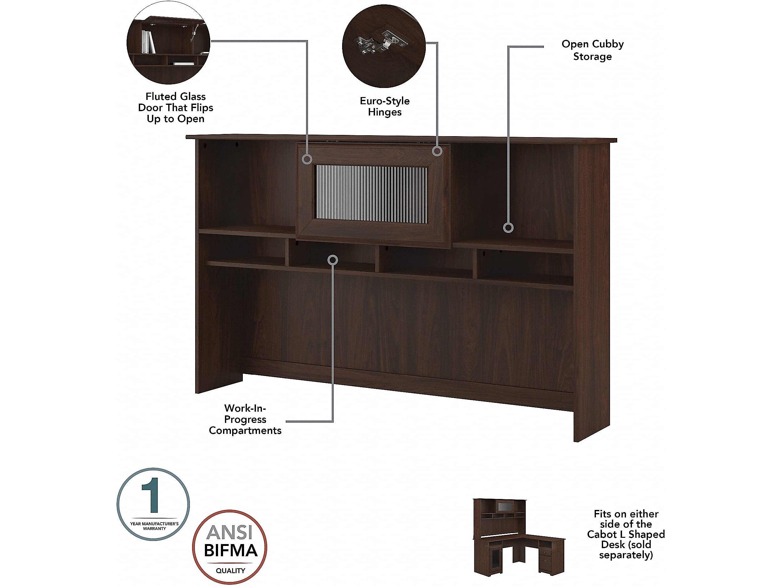 Bush Furniture Cabot 60W Modern Walnut Desk Hutch with Storage Shelf - Perfect for Home Office, Study Room & Workspace Organization
