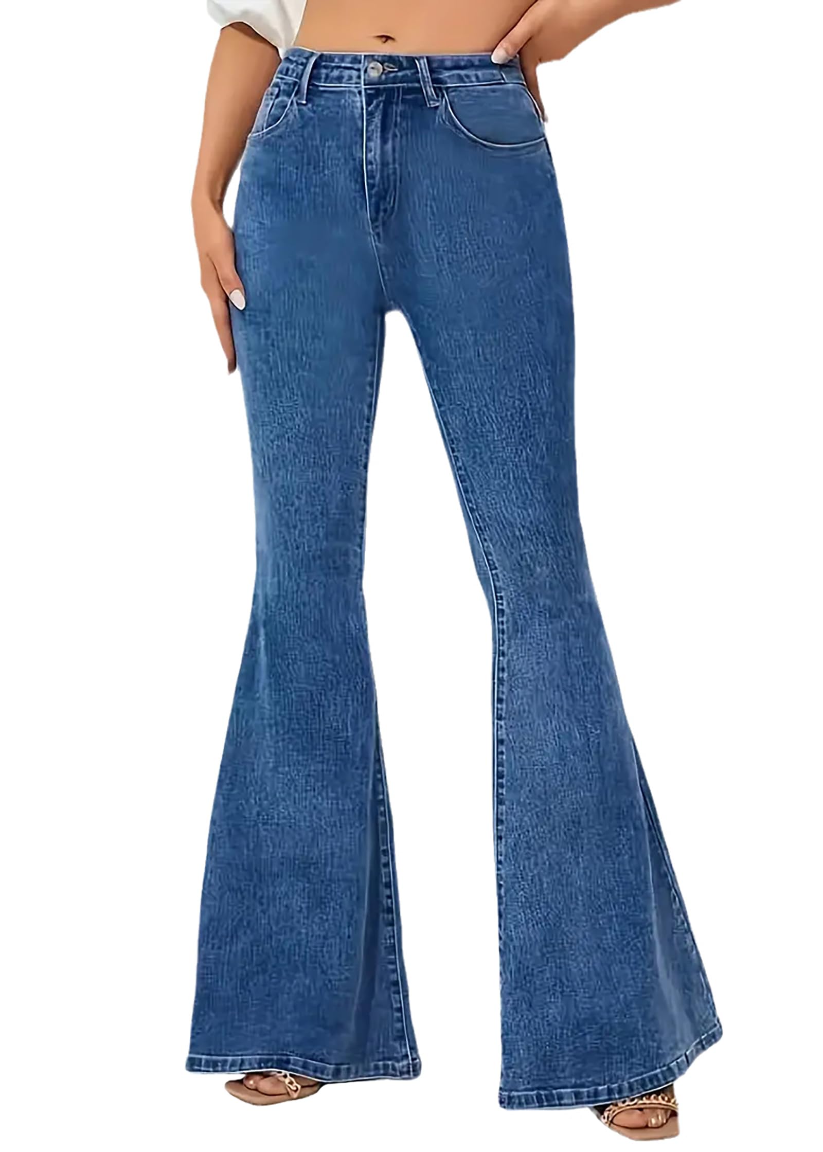 Women's High Waisted Embroidered Bell Bottom Jeans - Stretchy Wide Leg Flare Denim Pants for Casual Wear & Boho Fashion
