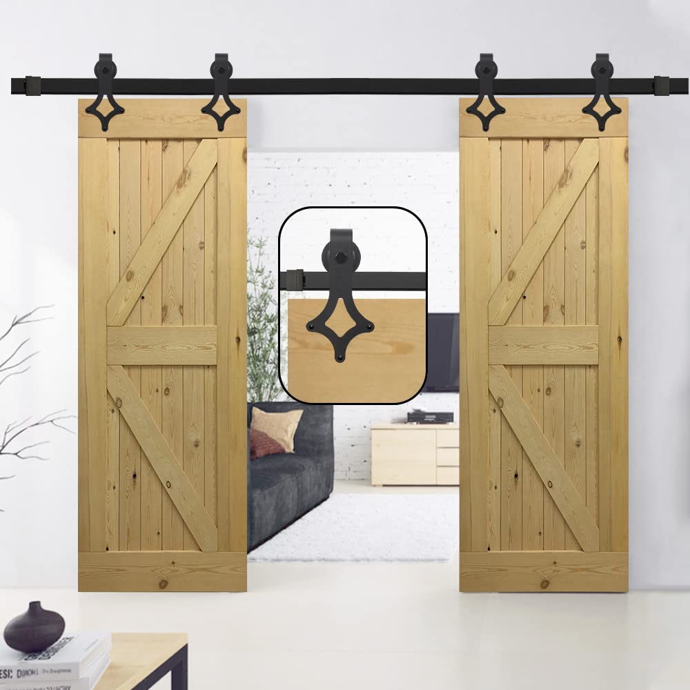 18FT Black Sliding Barn Door Hardware Kit - Rhombic Hanger System for Double Doors | Rustic Home Decor, Farmhouse Style Interior Design