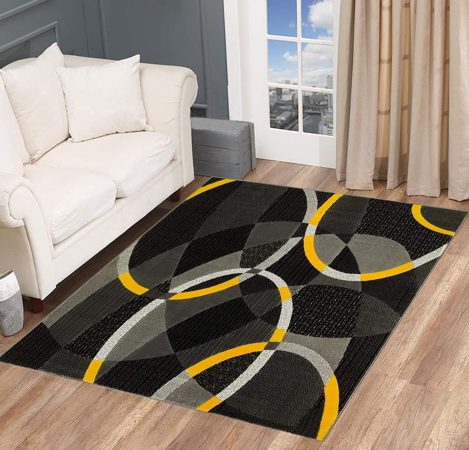 Modern Abstract Swirls Circles Area Rug - Yellow, Gray, Black Carpet (5’3” x 7’5”) - Perfect for Living Room, Bedroom, or Office Decor