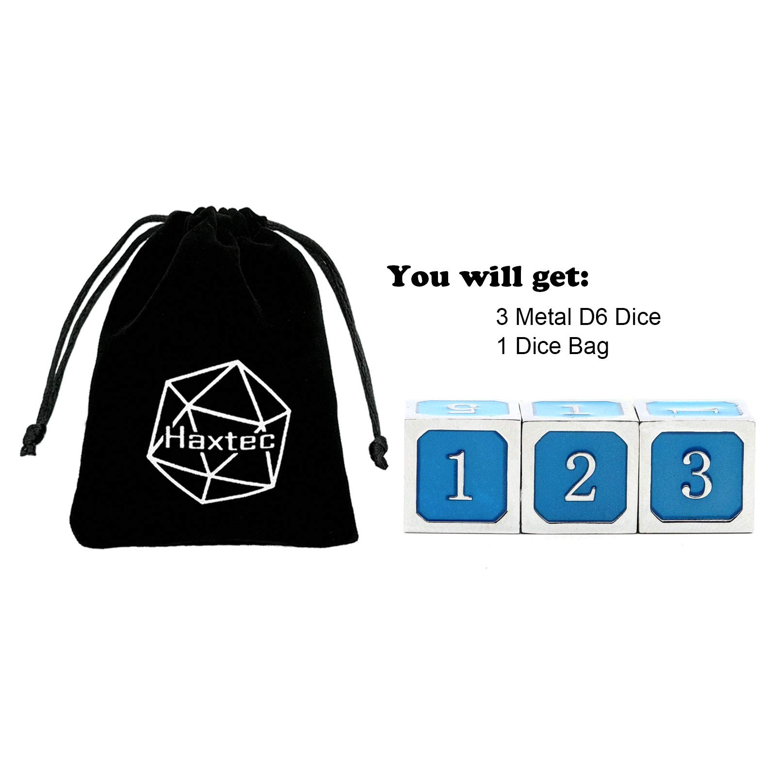 Haxtec 3-Pack Silver Glow in The Dark D6 Dice Set - Blue Glowing Metal Die for Dungeons & Dragons, RPG, Board Games & Tabletop Adventures
