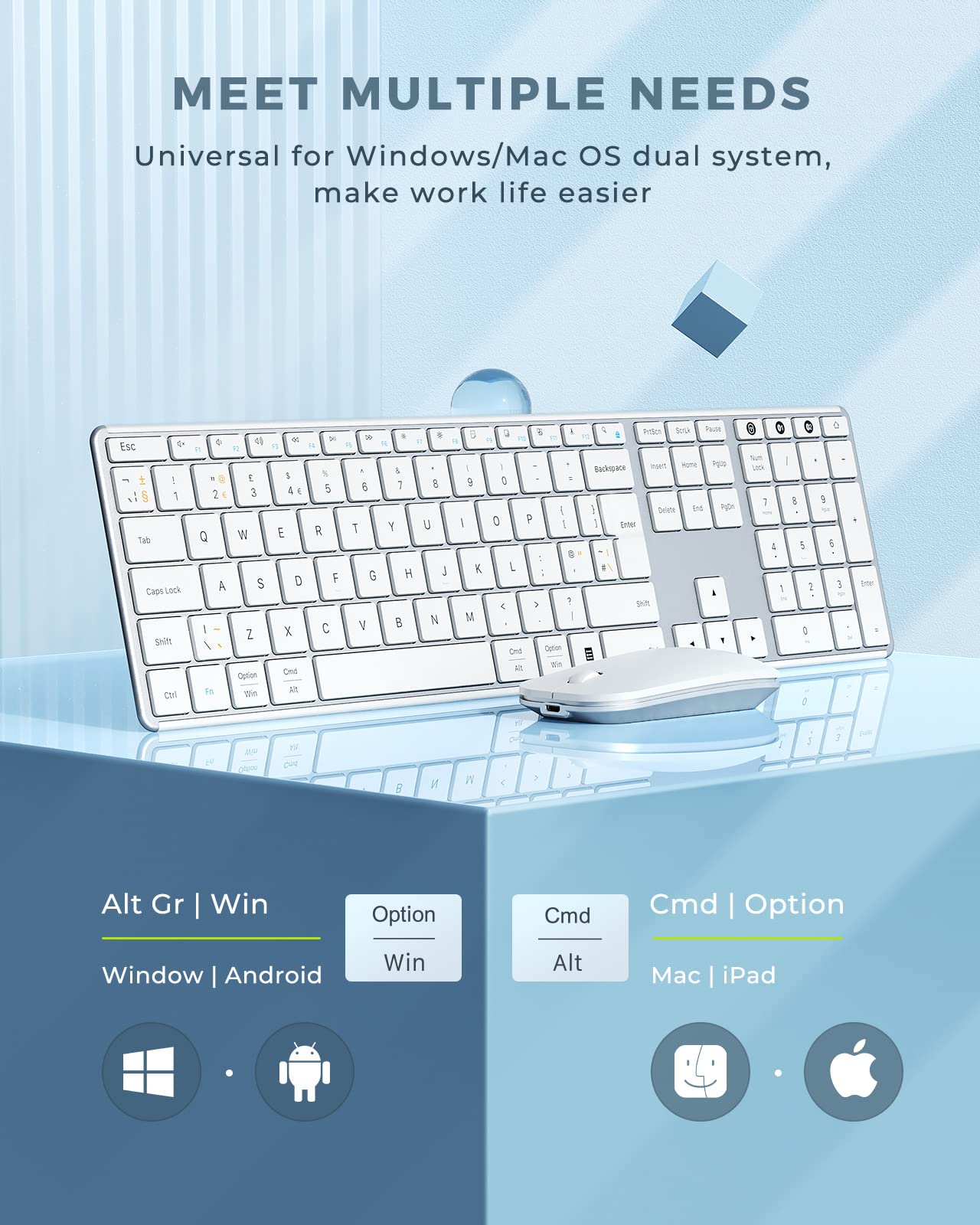 Seenda JP-064-3 Rechargeable Wireless Bluetooth Keyboard & Mouse Combo - Ultra Slim Multi-Device Keyboard Mouse Set for Windows, Mac, Laptop, Tablet, iPad (QWERTY UK Layout, White/Silver) - Perfect for Home Office, Remote Work & Travel