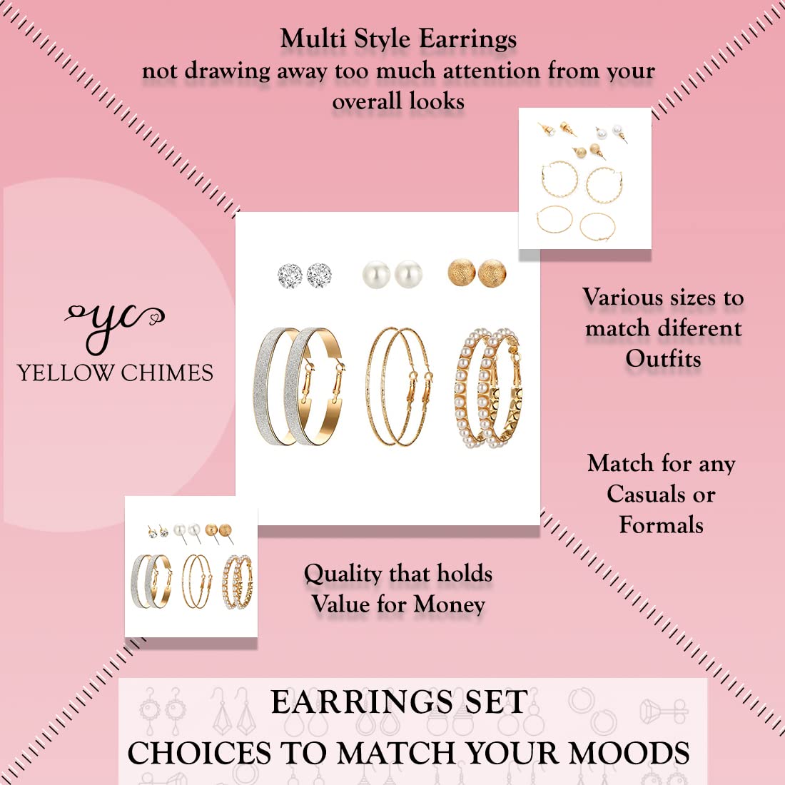 Yellow Chimes Earrings for Women & Girls | Multicolor Stud & Hoop Earrings Set | Western Pearl Hoop Earrings Combo | Birthday & Anniversary Gift for Her | Perfect for Casual Wear, Parties & Special Occasions