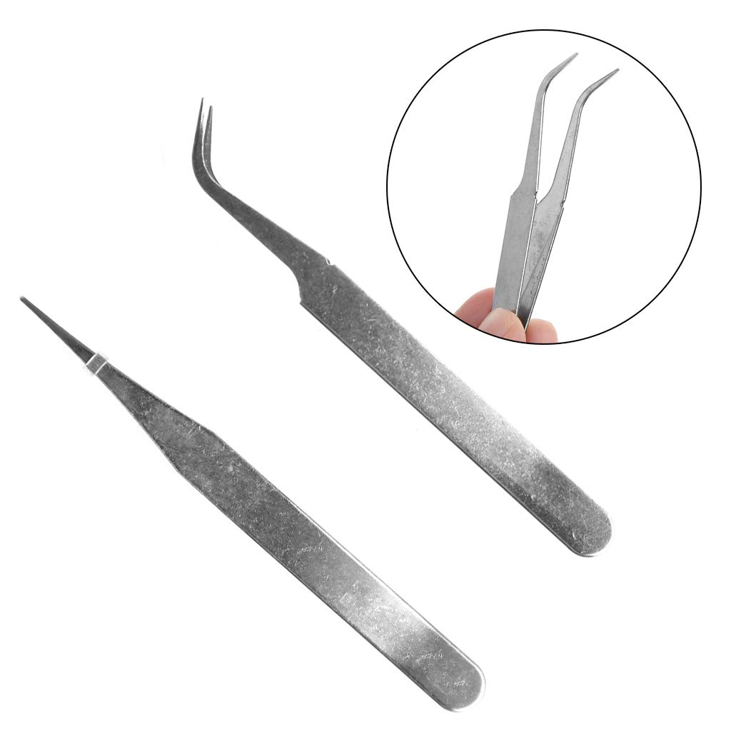 Professional Eyelash Extension Tweezers Set - Straight & Curved Tip Stainless Steel Lash Tweezers for Precision Application - 10.5cm Silver Beauty Tools for Salon & Home Use
