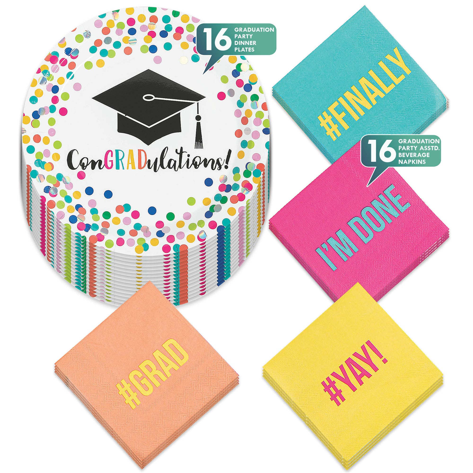 Graduation Party Supplies - 16 Confetti Dot Paper Dinner Plates & Beverage Napkins Set for Girls | Perfect for Graduation Celebrations, School Parties & Congratulations Events