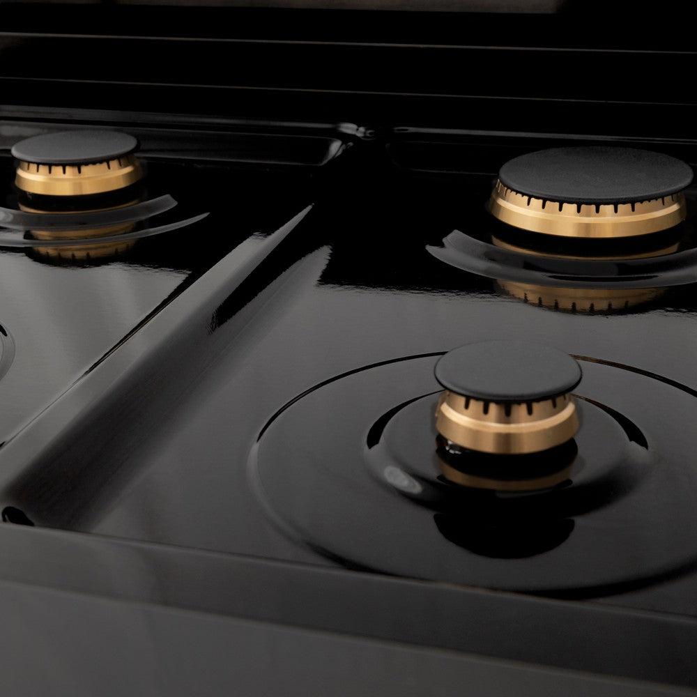 ZLINE Autograph Edition 36-inch Black Stainless Steel Dual Fuel Range Kitchen Package with Range Hood & Dishwasher - Champagne Bronze Accents (3AKP RABRHDWV36 CB) | Premium Kitchen Appliances for Modern Homes & Gourmet Cooking
