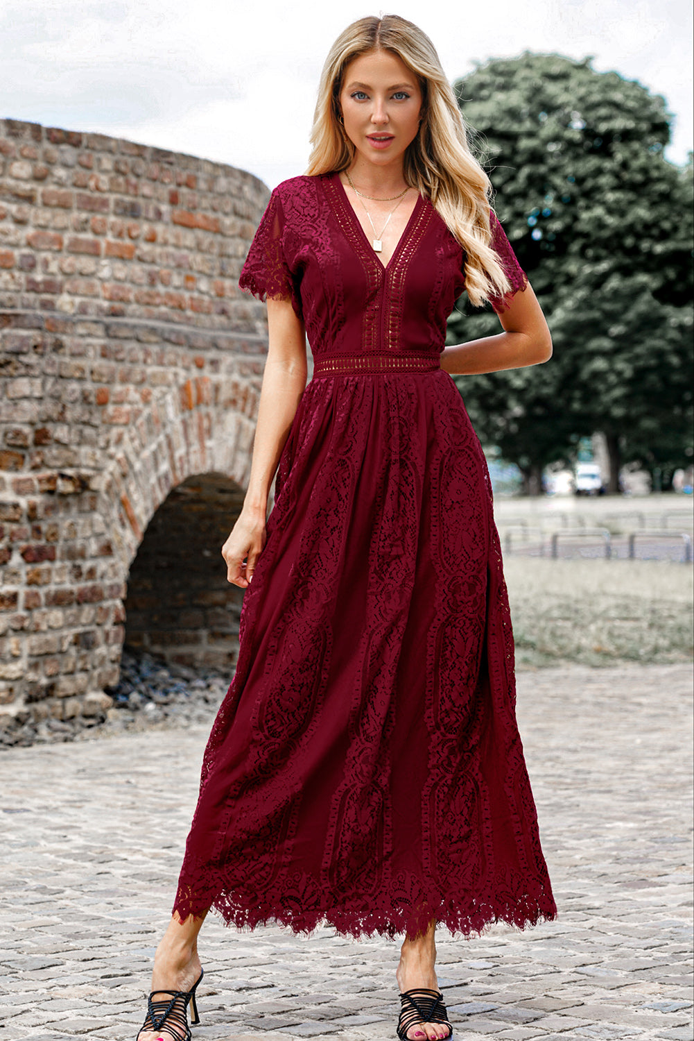 Elegant Scalloped Trim Lace Plunge Dress for Women - Sexy Deep V Neck Evening Gown for Party, Wedding & Special Occasions
