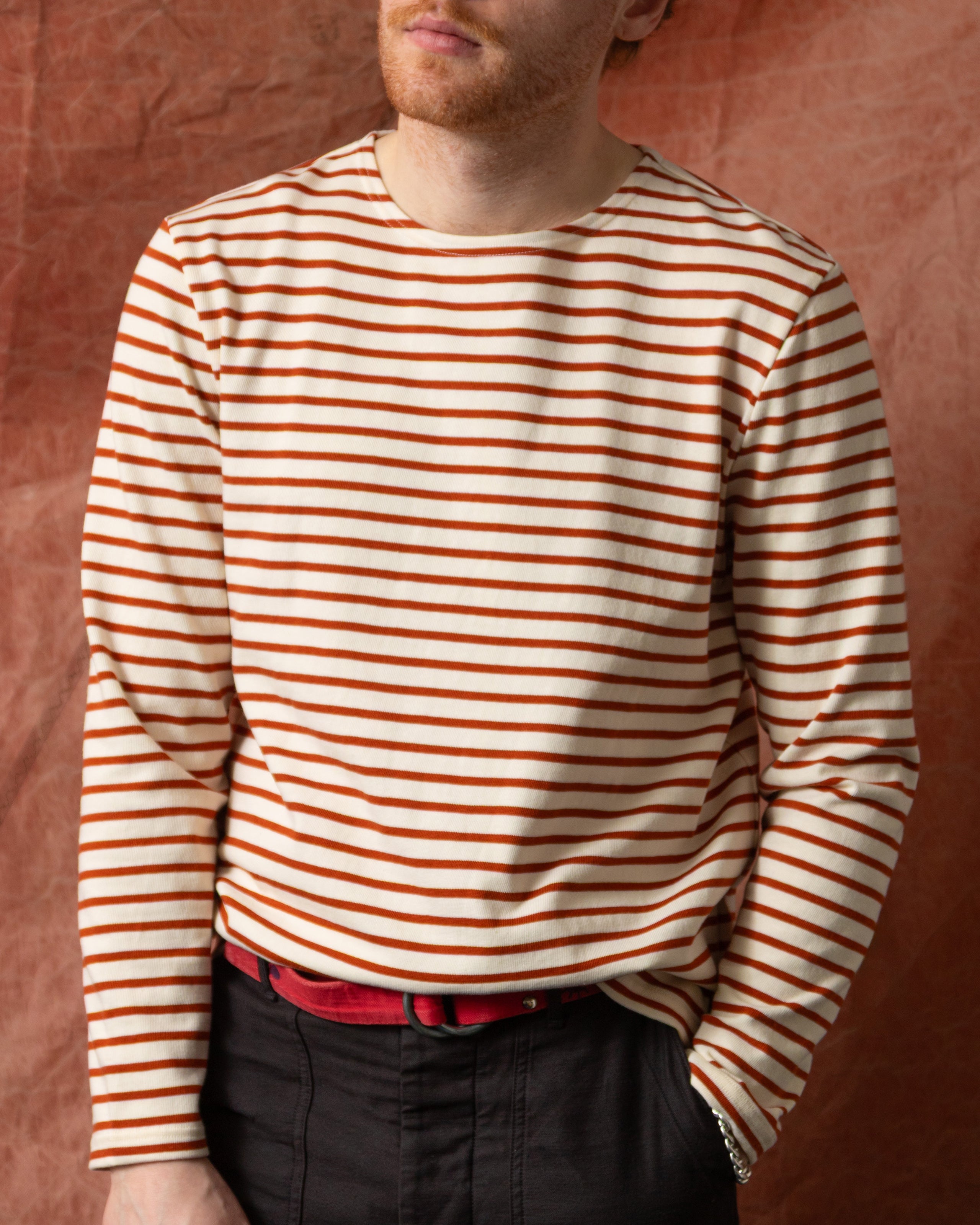 Men's Breton Stripe Boatneck T-Shirt - Classic Off White & Acorn Striped Cotton Tee for Casual Wear, Weekend Outfits and Layering