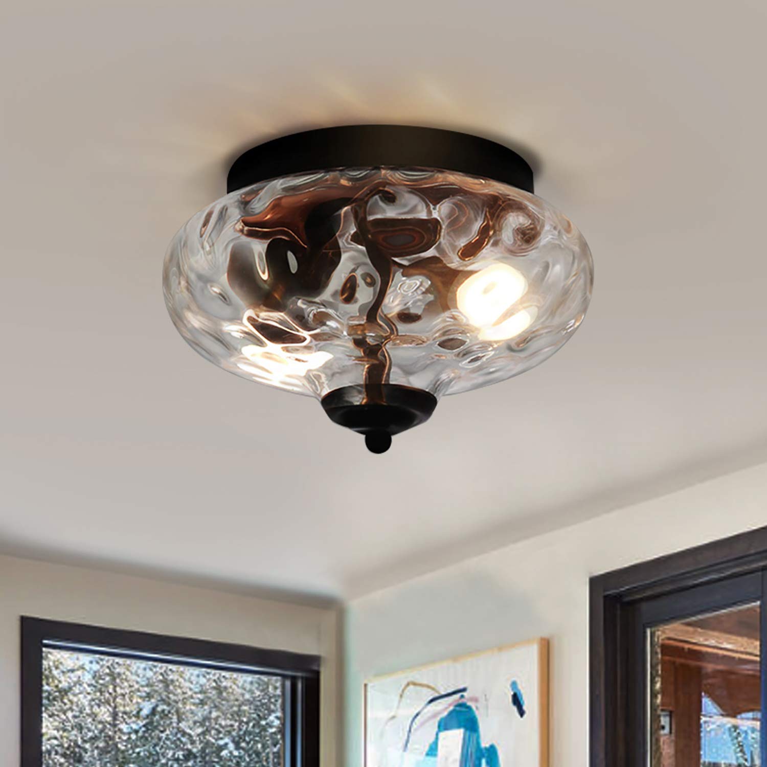 EDISLIVE Modern 2-Light Hammered Glass Flush Mount Ceiling Fixture - 10.2