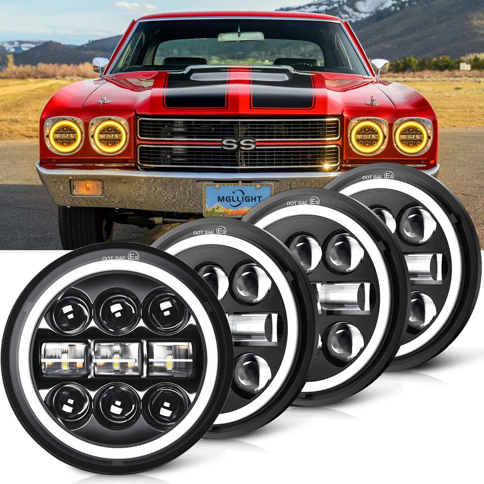 5.75 Inch LED Headlight White & Amber Halo - Compatible with Dodge Challenger, Gran Torino, Oldsmobile Cutlass, Plymouth Fury Muscle Cars & Trucks - Angel Eye Headlights (4-Pack) - Perfect for Night Driving & Car Shows