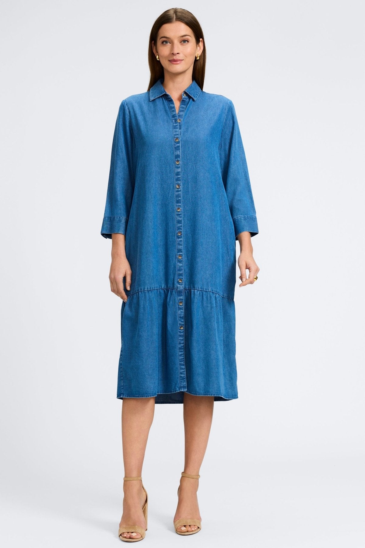 Ivy Tencel® Denim 3/4 Sleeve Midi Dress for Women - Comfortable Stretch Denim Dress for Casual Outings & Summer Wear