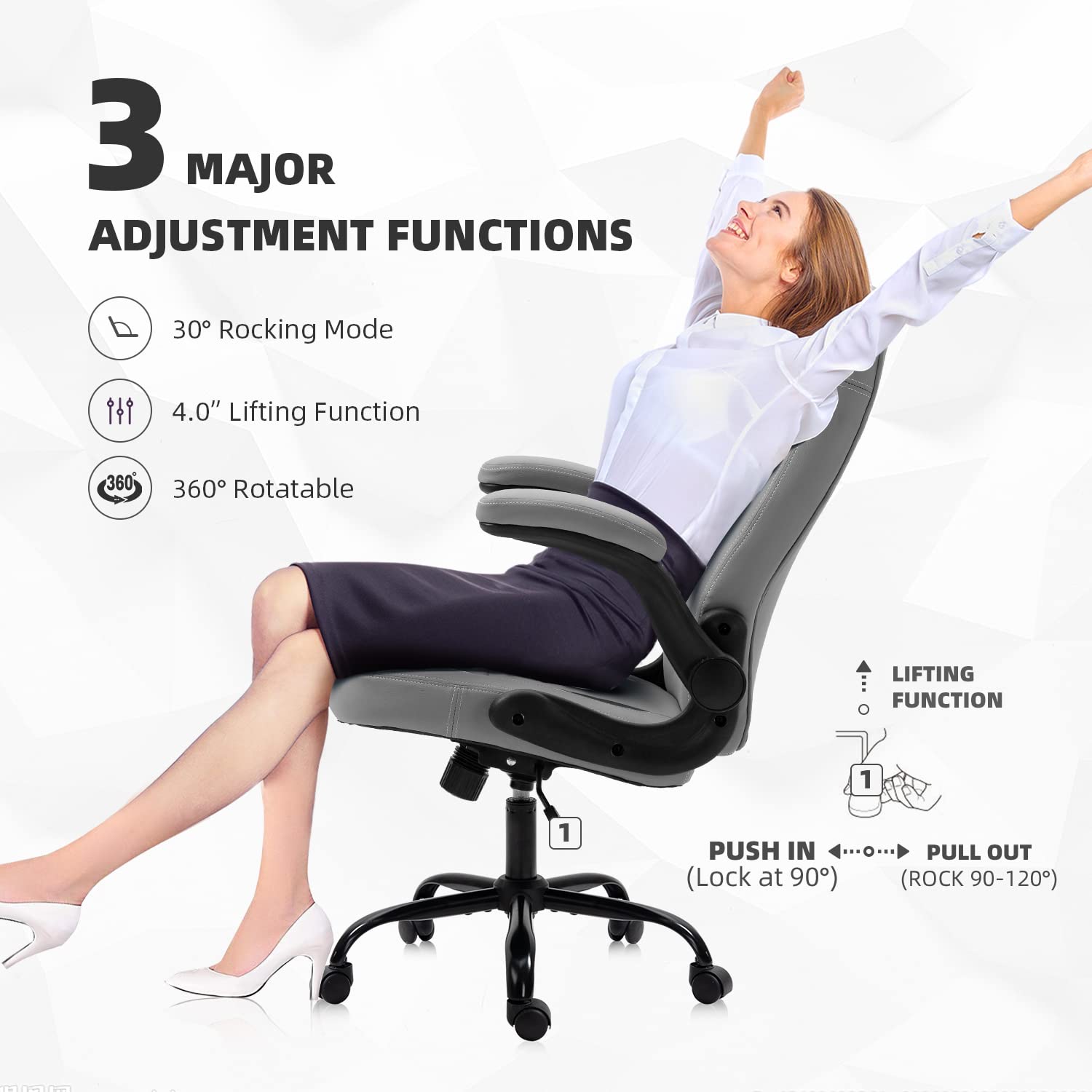 SEATZONE Ergonomic High Back Office Chair with Flip-Up Arms, Swivel & Wheels - Modern Leather Desk Chair for Adults & Teens - Gray - Perfect for Home Office, Gaming & Workspaces