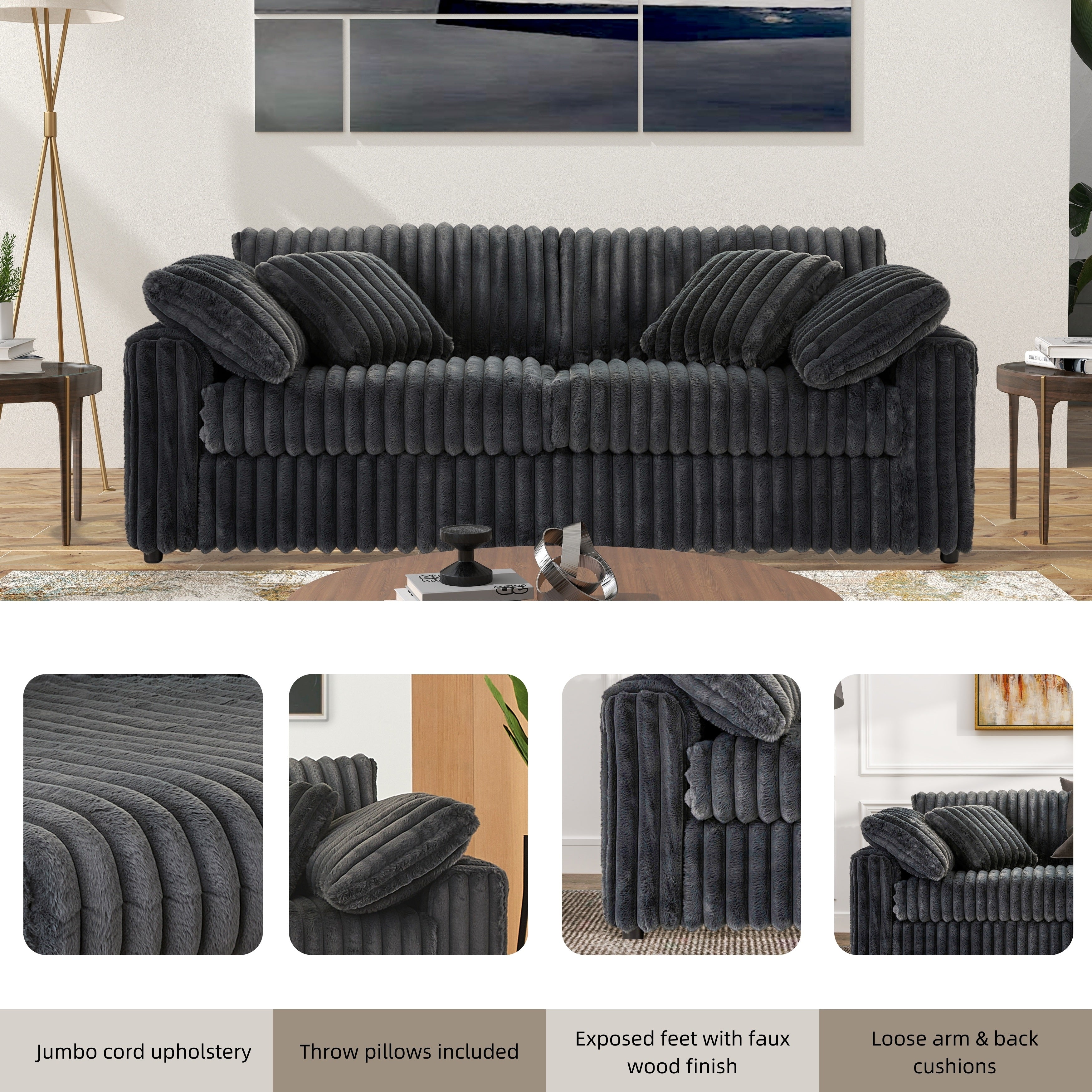 Roundhill Furniture Belvoir Upholstered Stationary Sofa - Modern Living Room Couch with Soft Fabric for Home, Office & Lounge Comfort