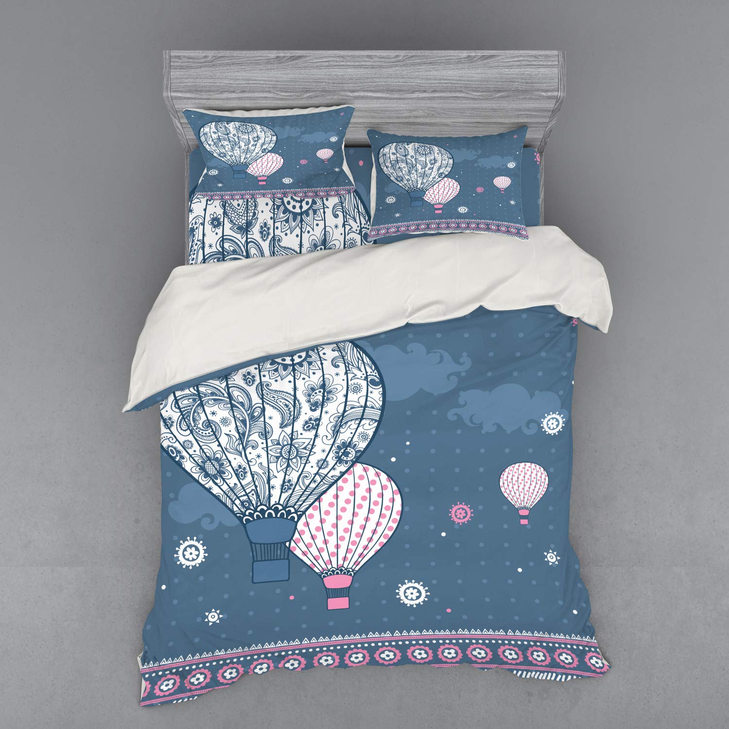Ambesonne Retro Duvet Cover Set - Air Balloons on Polka Dots & Paisley Ornaments Art Print, 4-Piece Queen Size Bedding Set with Shams & Fitted Sheet in Slate Blue & Pale Pink | Vintage Home Decor for Bedroom, Guest Room & Dorm