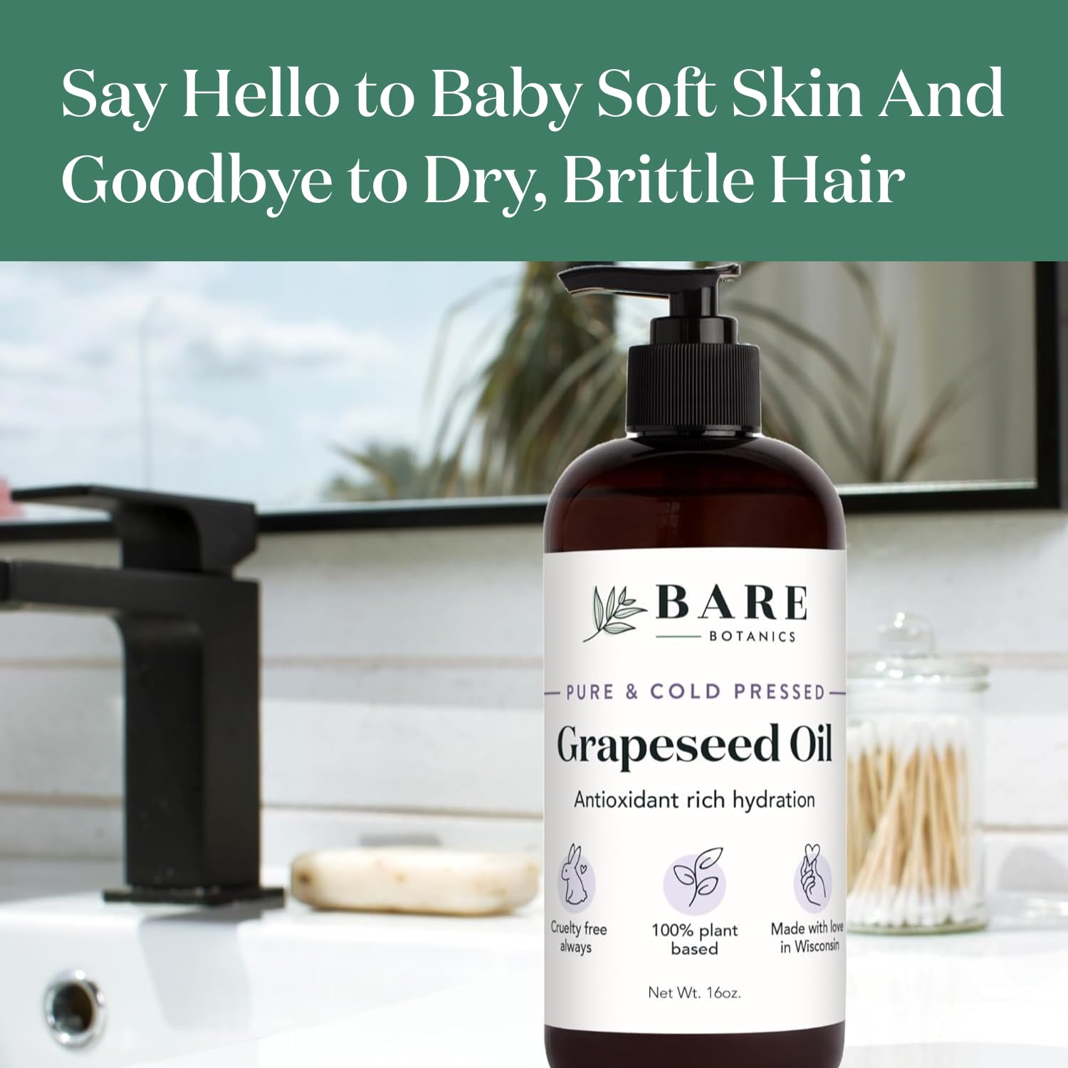 Bare Botanics 100% Pure Cold-Pressed Grapeseed Body Oil 16 oz - Natural Moisturizer for Dry Skin, Hair & Body - Vegan, Cruelty-Free Multipurpose Carrier Oil for DIY Beauty - Perfect for Massage, Aromatherapy & Daily Hydration